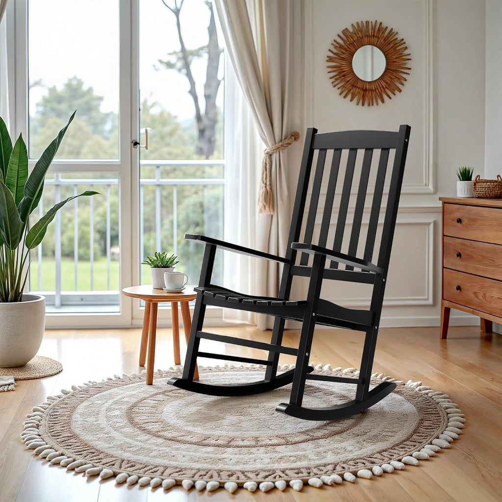 ZenStyle Outdoor Rocking Chair Set of 2 with High Back, Perfect for Indoor or Outdoor All Weather Porch Rocker for Garden, Lawn, Balcony, Backyard, Wooden Porch Rocker (2, Black)