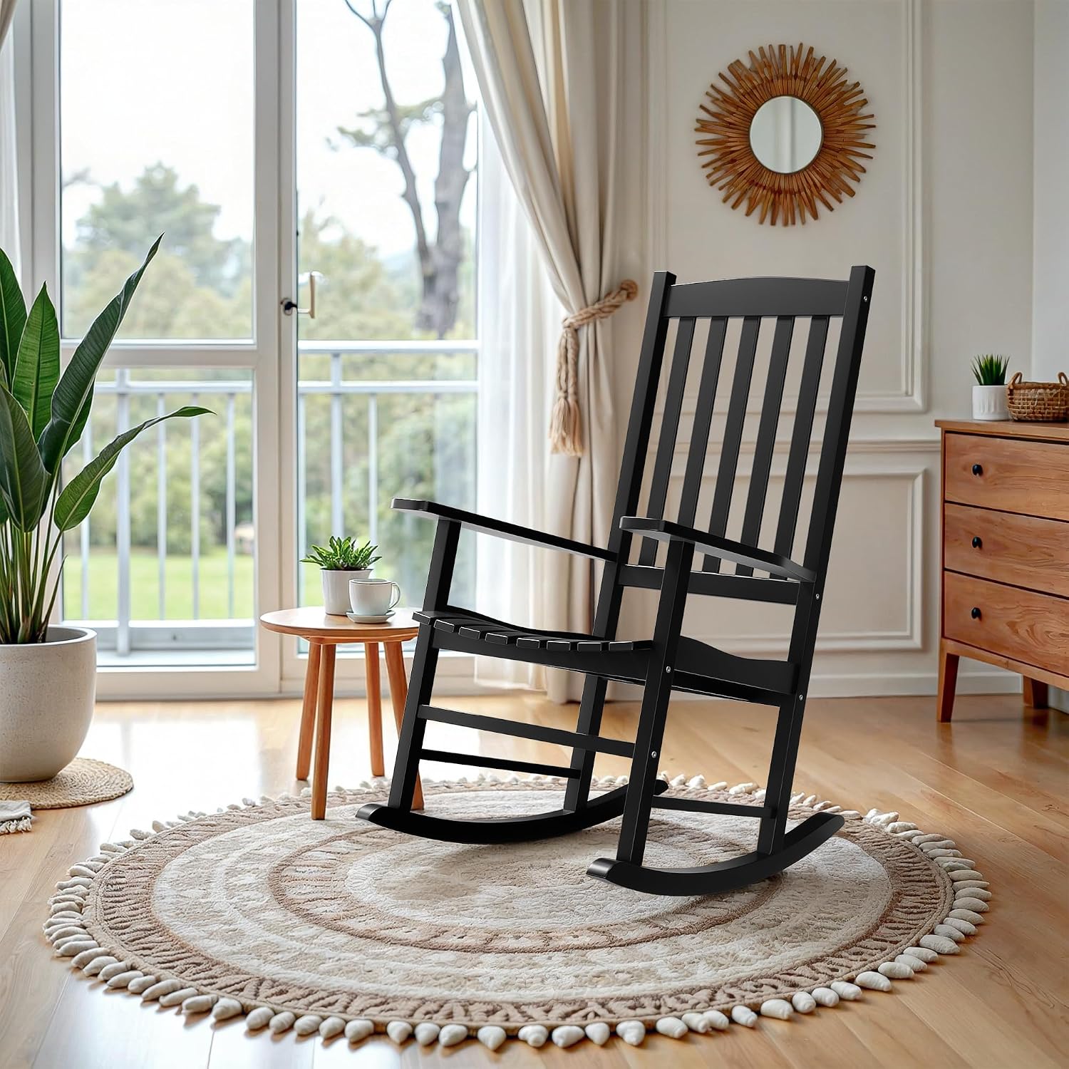 ZenStyle Outdoor Rocking Chair Set of 2 with High Back, Perfect for Indoor or Outdoor All Weather Porch Rocker for Garden, Lawn, Balcony, Backyard, Wooden Porch Rocker (2, Black)