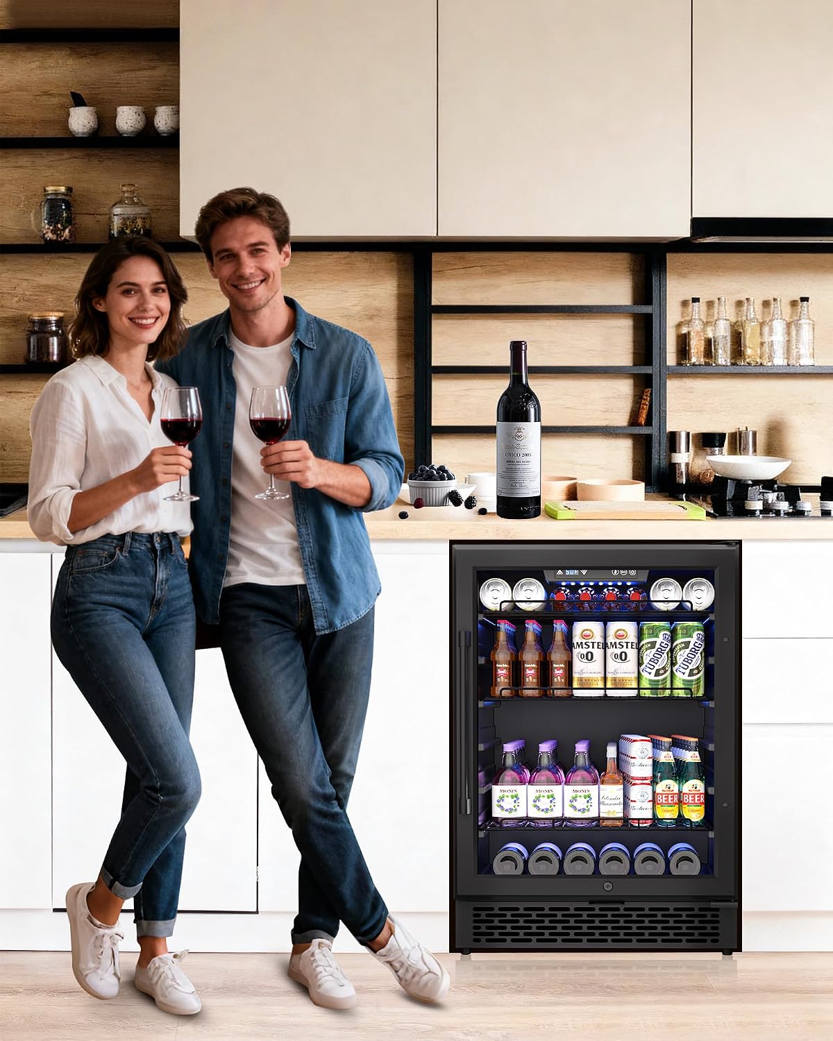 24-Inch Beverage Refrigerator, 200-Can Glass Door Cooler with Adjustable Shelves, Quiet Cooling, Freestanding or Under-Counter – Compatible with Beer, Soda, Wine, Milk, Suita