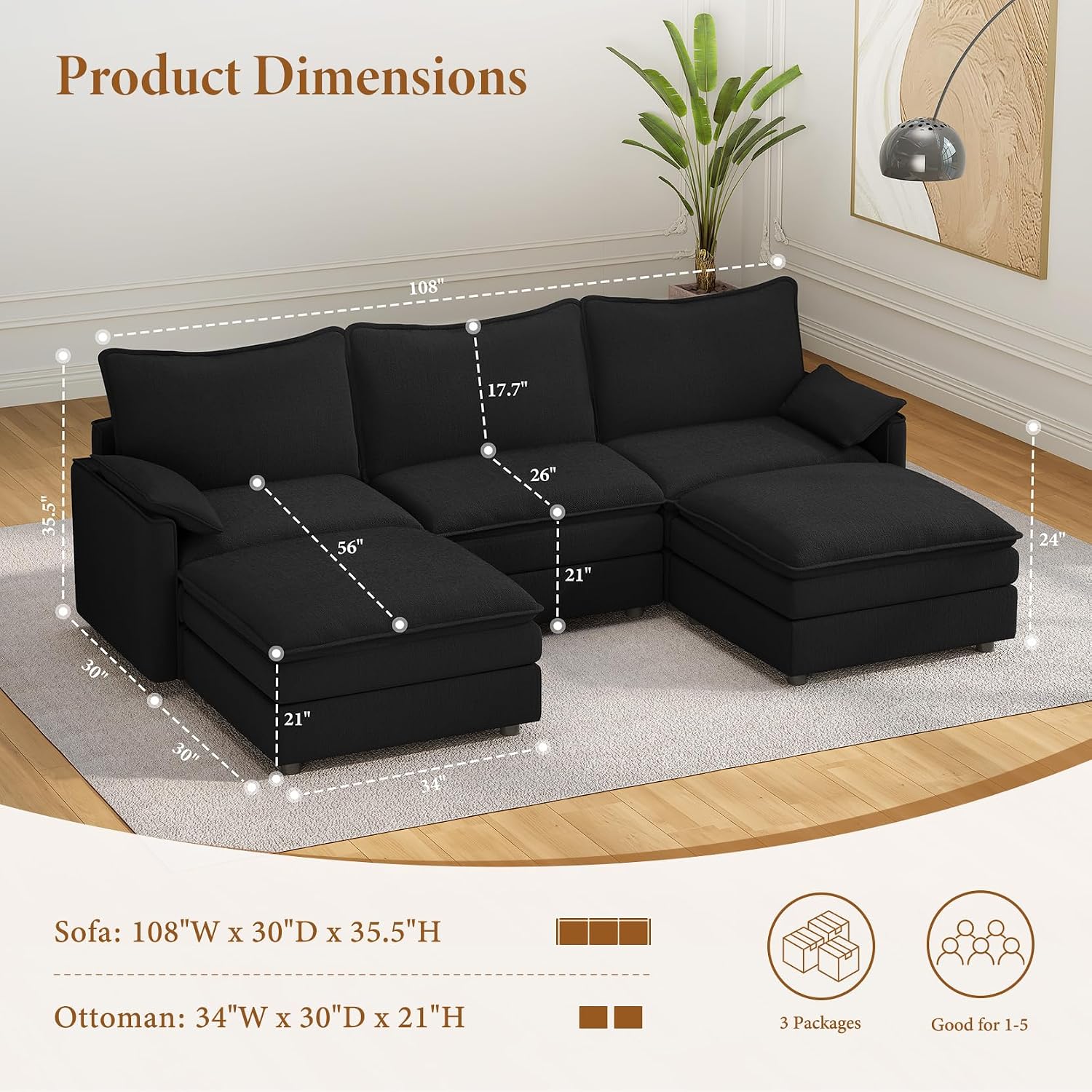 Vesgantti 108' U Shaped Sectional Couch, Comfy Cloud Modular Sectional Sofa with 2 Ottoman Deep Seat Chenille Modern Cloud Sofa, Modular Sofas for Living Room, Bedroom and Apartment, Black