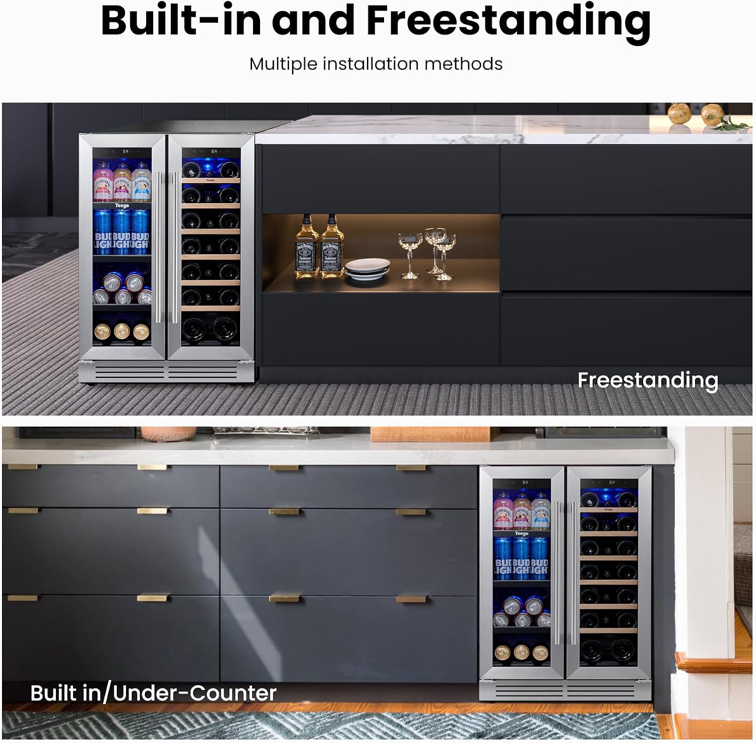 Yeego 24 Inch Wine and Beverage Cooler - 36-72°F, Holds 60 Cans & 20 Bottles Adjustable Shelves Beverage Fridge, Stainless Steel with glass Door for Built-in for Kitchen/Bar
