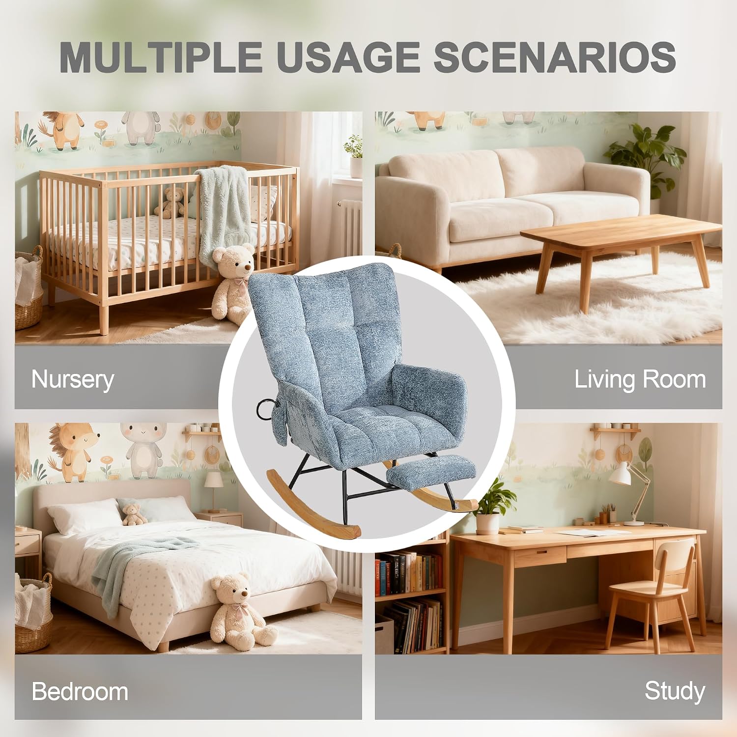 Rocking Chair Nursery with Airbag, Comfy Modern Nursery Rocking Reading Chair Indoor with Footrest, Cozy Upholstered Glider Rocker Chairs for Living Room Bedroom Offices(Chenille, Blue)