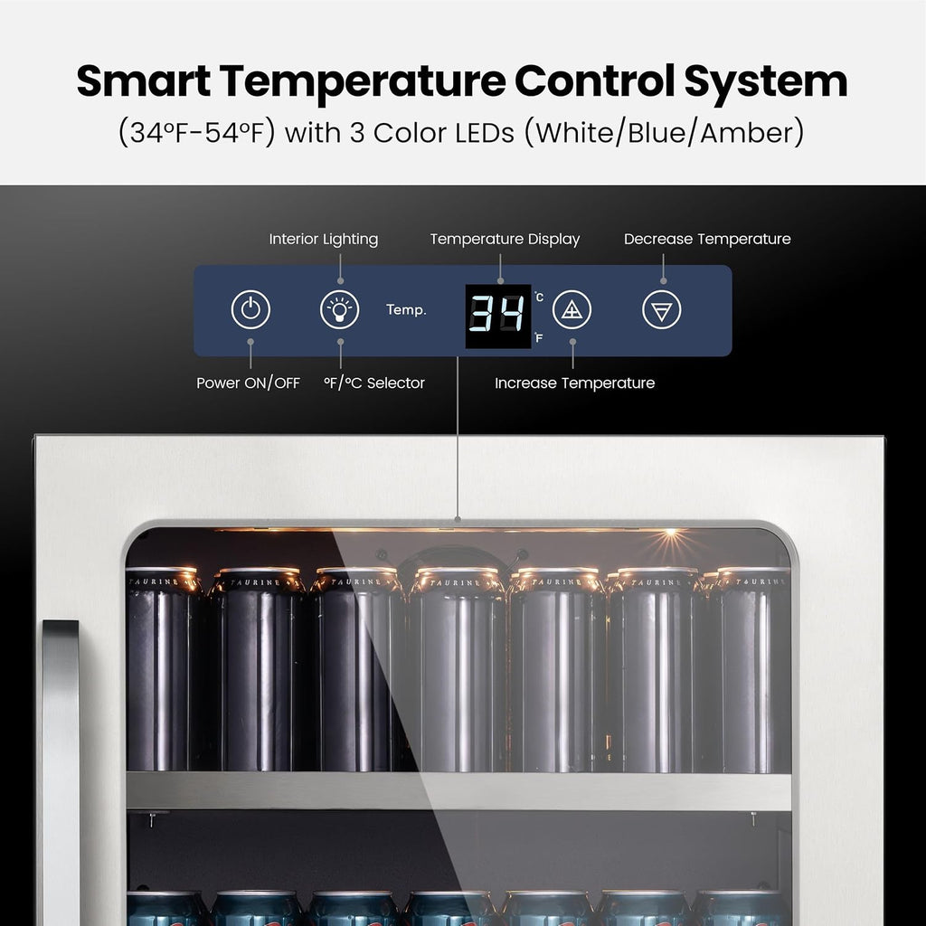 24 Inch Beverage Refrigerator 140 Cans Beverage Fridge, Drink Fridge with Glass Door 3 LED 34-54 ℉ Beverage Coolers Built-in or Freestanding Adjustable Shelves for Home/Kitchen(5.65 cu.ft)