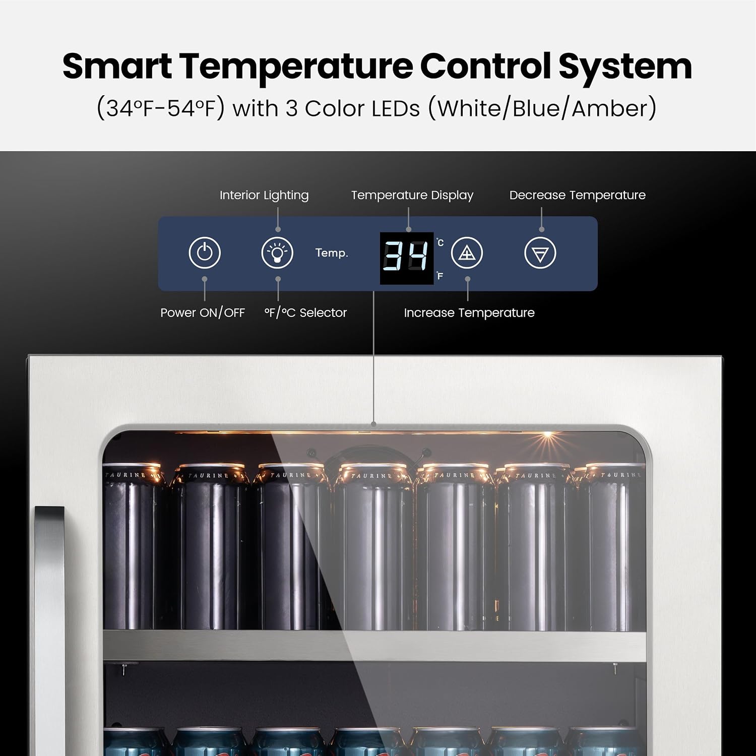 24 Inch Beverage Refrigerator 140 Cans Beverage Fridge, Drink Fridge with Glass Door 3 LED 34-54 ℉ Beverage Coolers Built-in or Freestanding Adjustable Shelves for Home/Kitchen(5.65 cu.ft)