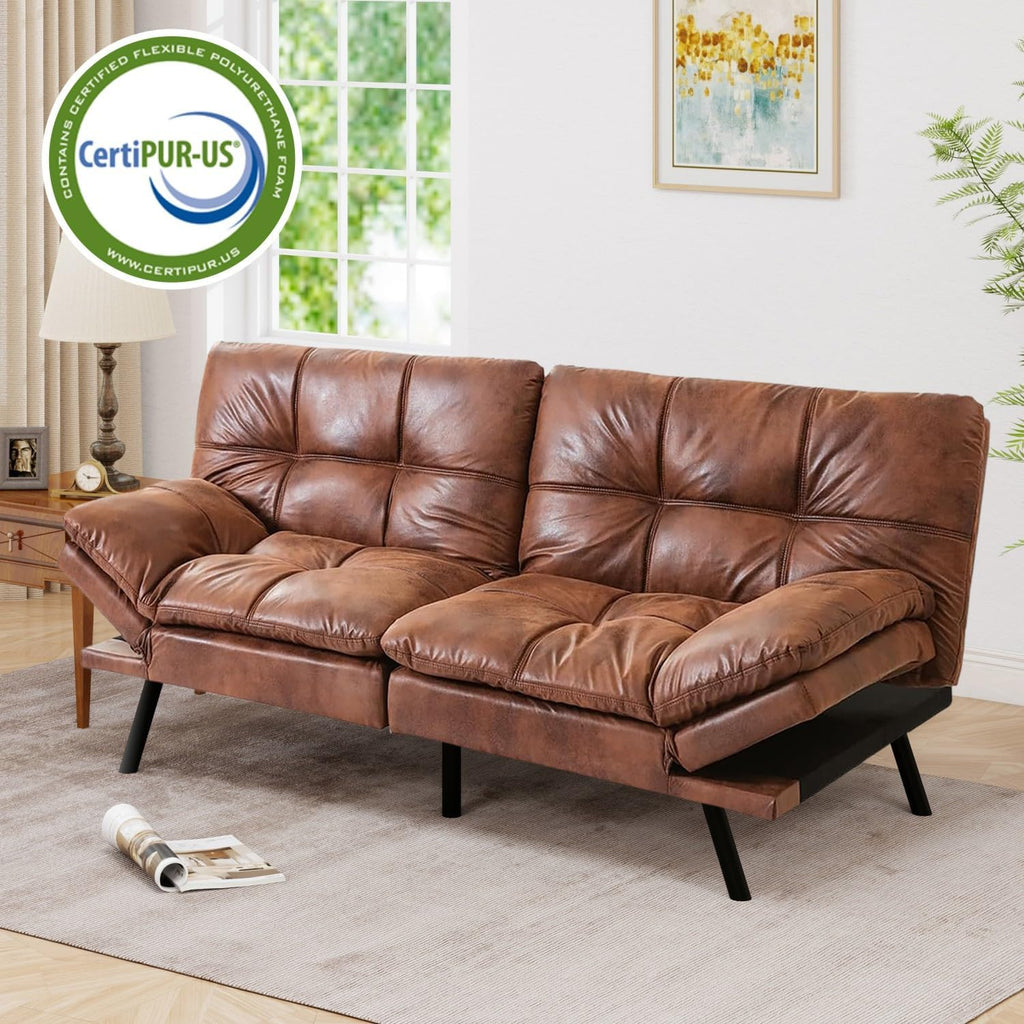 MUUEGM 71' Futon Sofa Bed, Modern Convertible Loveseat Sleeper, Faux Leather Couch with Adjustable Back & Arms for Small Spaces, Office & Apartment - Chocolate