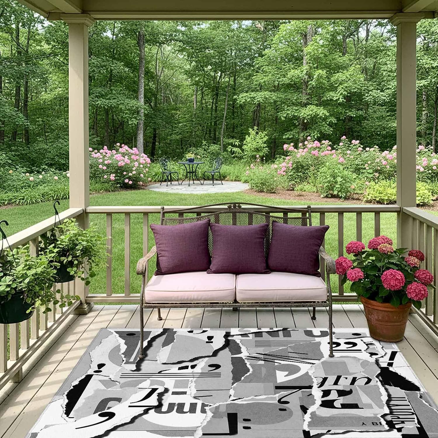 Torn Paper Outdoor Rug for Patio/Deck/Porch, Non-Slip Large Area Rug 4 x 6 Ft, Vintage Abstract Collage Newspaper Art Indoor Outdoor Rugs Washable Area Rugs, Reversible Camping Rug Carpet Runner