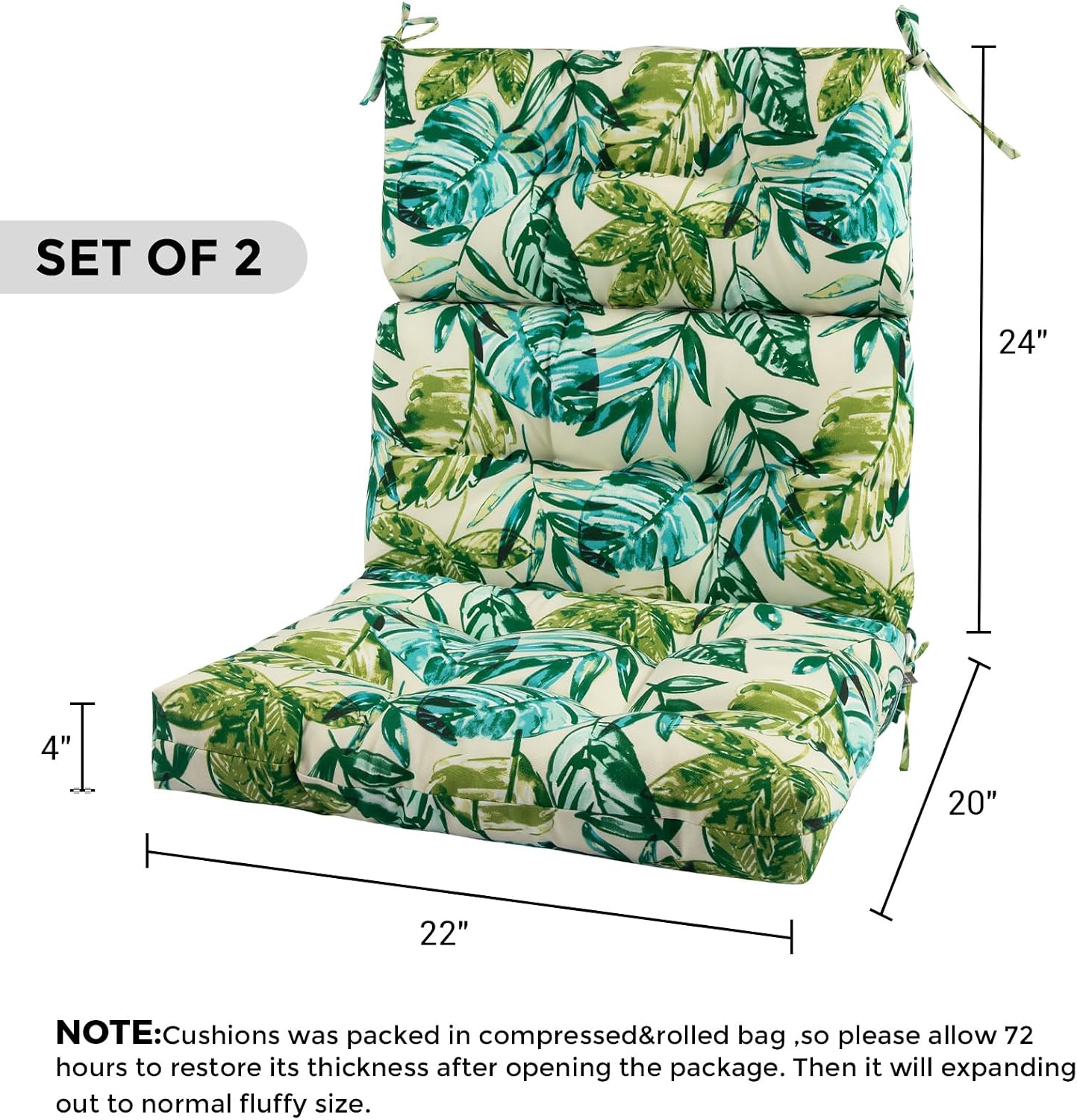 FUNHOME Outdoor High Back Chair Cushions Set of 2,Reversible Lawn Chair Cushion 44 x22 inch,Water Resistant Tufted Adirondack Chair Cushion,for Garden Rocking Chair,Patio Furniture(Palm Leaf)