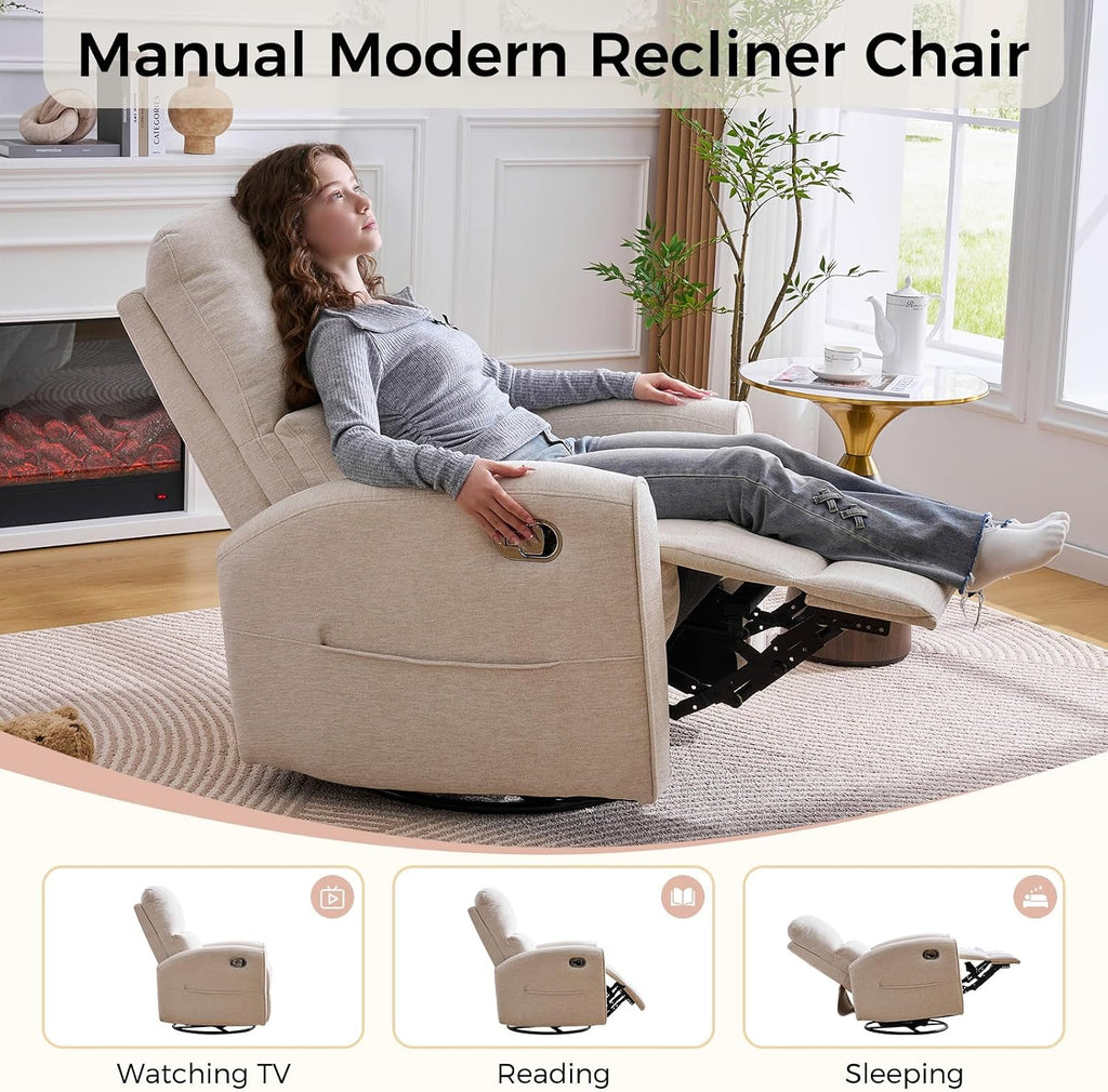 Swivel Rocker Recliner, Manual Swivel Glider Nursery Recliner Chair with Adjustable Headrest and Lumbar Support, Rocking Recling Chairs for Small Space, Living Room, Bedroom, Camel