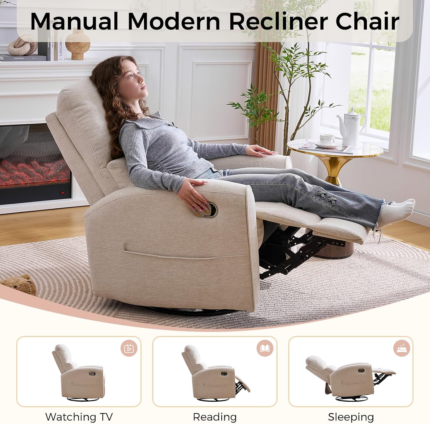 Swivel Rocker Recliner, Manual Swivel Glider Nursery Recliner Chair with Adjustable Headrest and Lumbar Support, Rocking Recling Chairs for Small Space, Living Room, Bedroom, Camel
