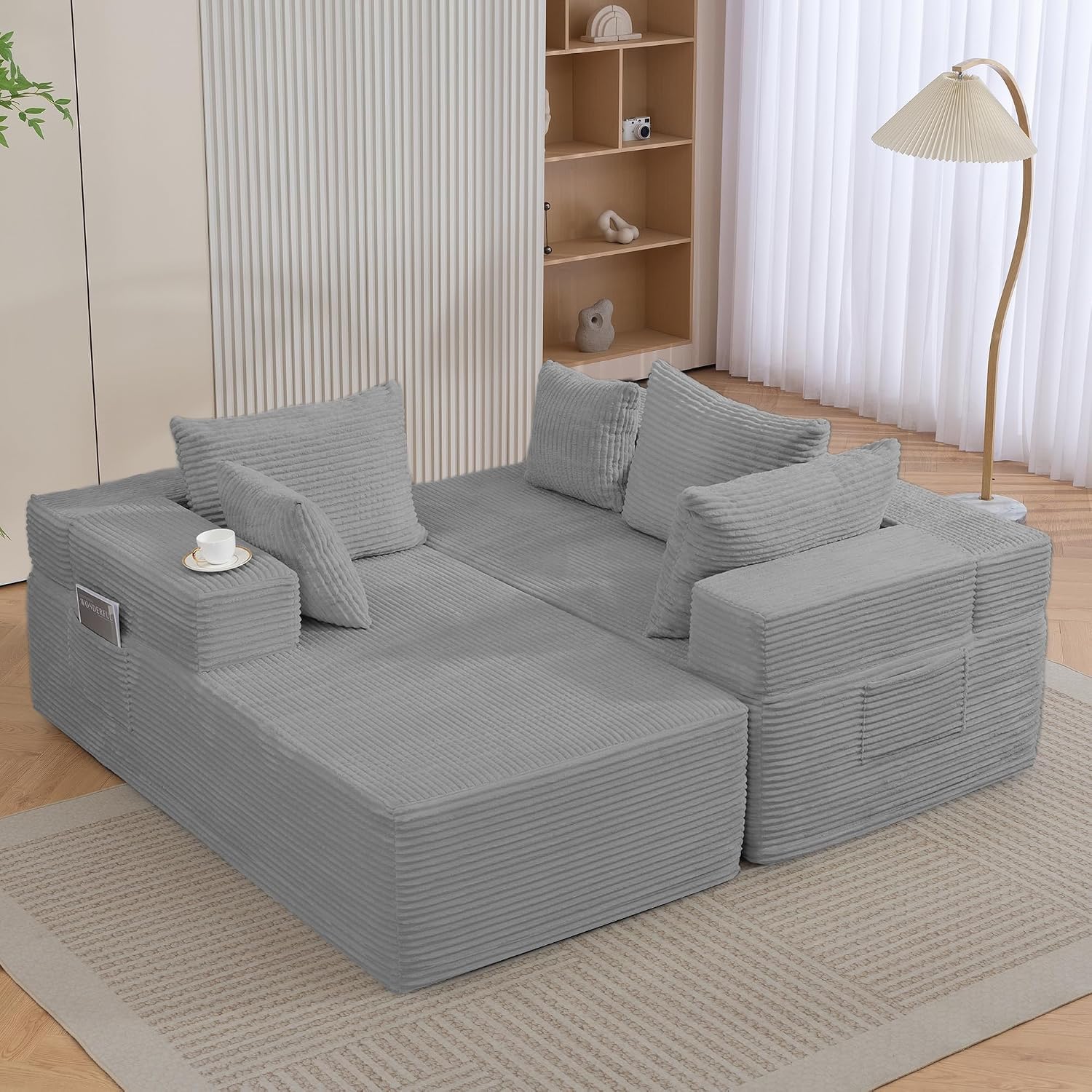 105'' Cloud Sectional Couch, Modular L-Shaped Boneless Sectional Sofa, Corduroy Deep Seat Couch, Small Space Sofas for Living Room Bedroom Apartment, No Assembly, Grey
