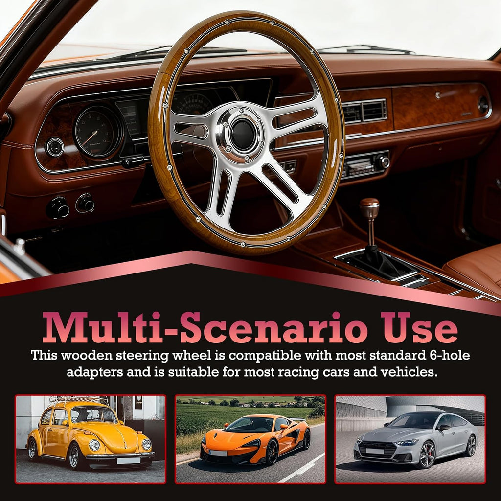 14inch Solid Wood Steering Wheel 350mm Deep Dish 70mm, 4-Spoke Chrome-Plated Aluminum Alloy, Universal 6-Bolt Steering Wheel for Classic Cars, Hot Rods, Muscle Car Vintage Car