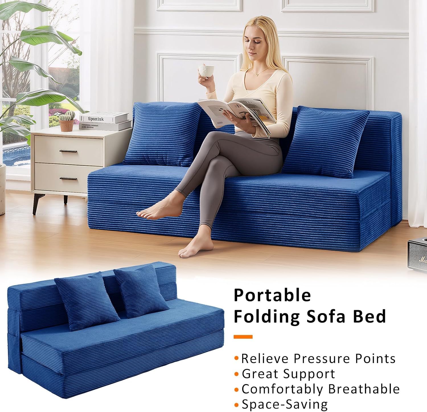 JKMAX Queen Size Folding Sofa Bed - 4 in 1 Convertible Sleeper Chair with Two Pillows - High Density Memory Foam Futon Couch - Foldable Bed for Living Room Bedroom (Blue)