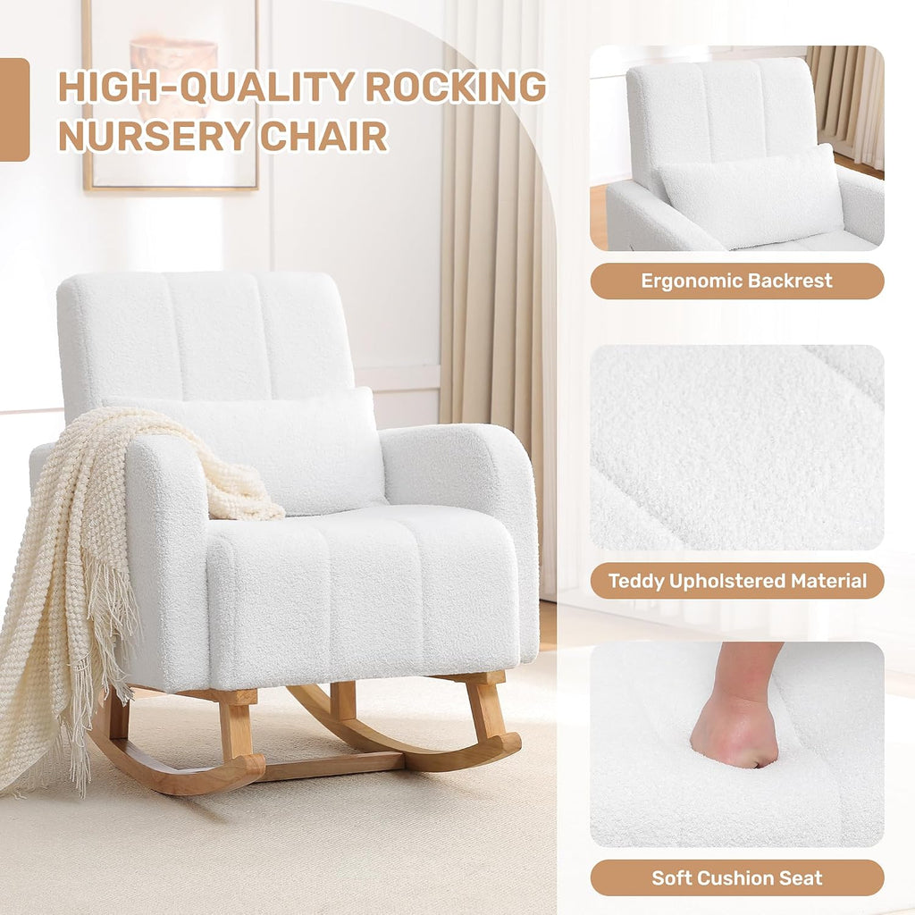 HCHAIRH Rocking Chair with Ottoman, Upholstered Glider Rocker with High Backrest and Side Pocket, Comfy Reading Chair with Solid Wood Legs for Nursery, Living Room,Bedroom White