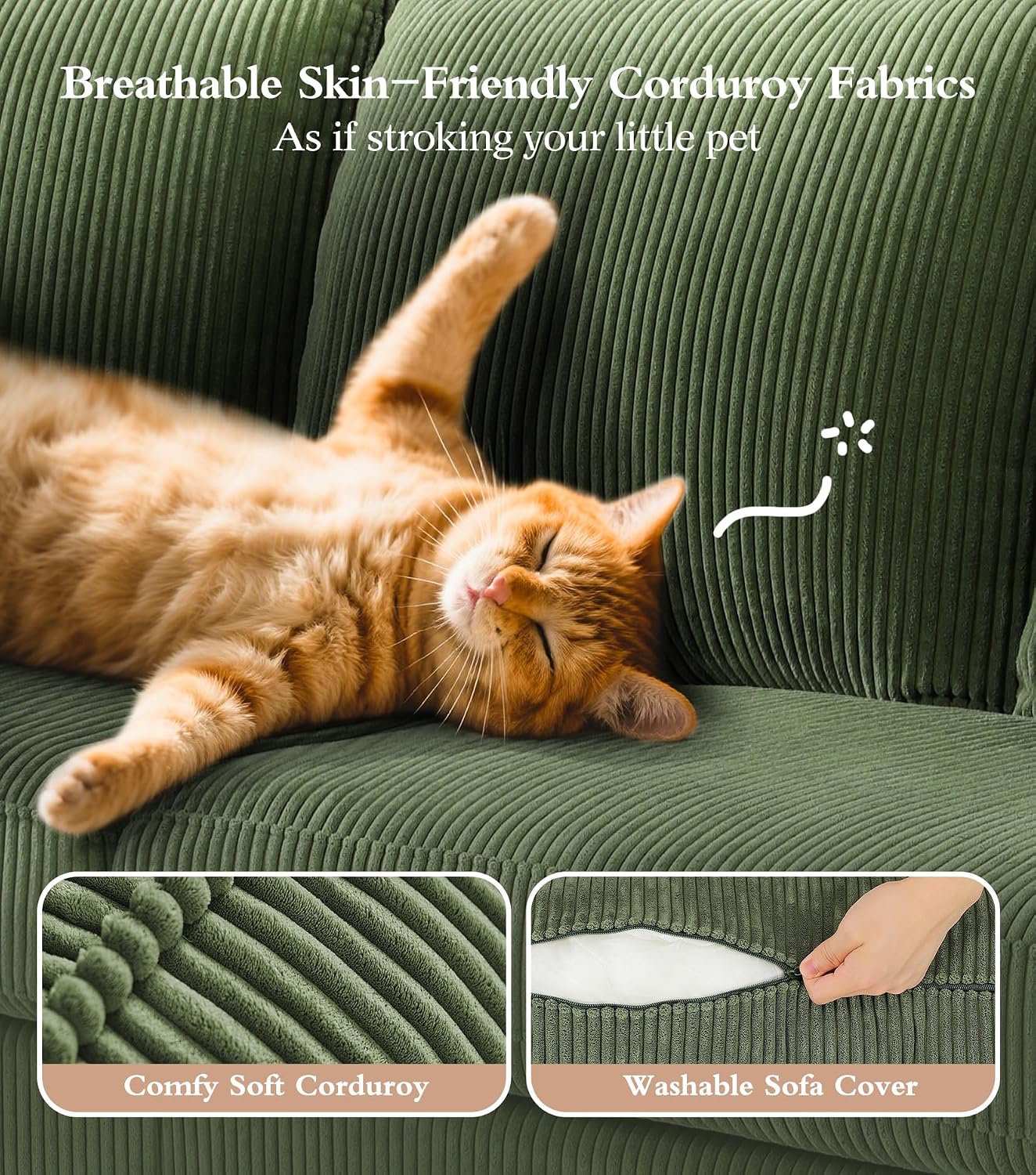 70in L Shaped Couch, Modular Sofa No Tool Assembly, Comfy Sectional Couches for Living Room 21in Deeper Seats, Corduroy Sofas for Living Room with 2 Pillows, Loveseat Sofa Set, Green Couch
