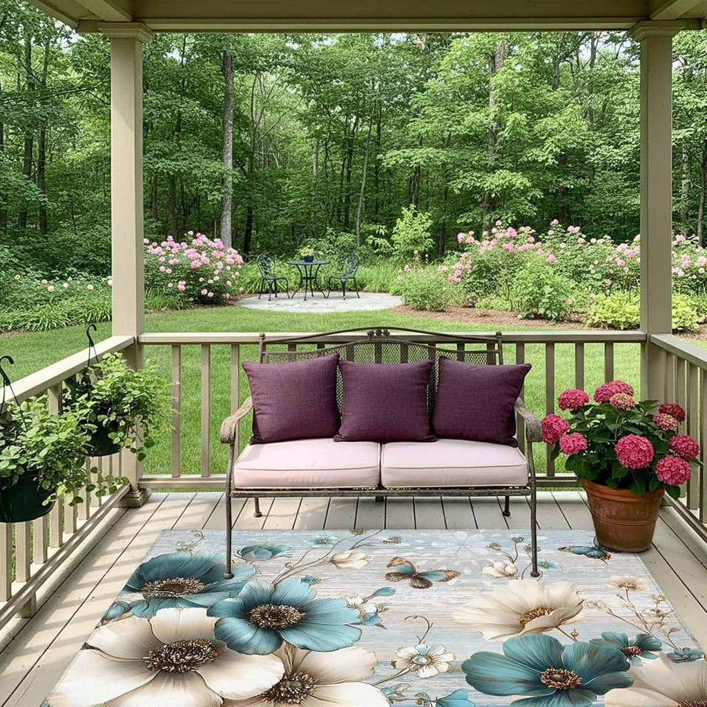 Teal Tulip Butterfly Outdoor Rug for Patio/Deck/Porch, Non-Slip Large Area Rug 4 x 6 Ft, Beige Turquoise Floral Farmhouse Blue Indoor Outdoor Rugs Washable Area Rugs, Camping Rug Carpet Runner