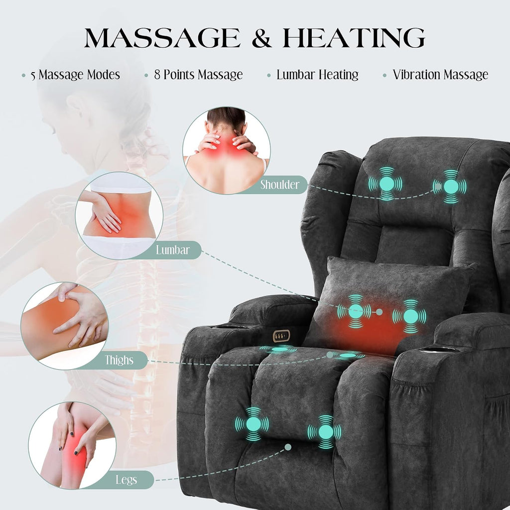 TUNYI Power Recliner Chair - Velvet Home Theater Seating Glider Reclining Sofa with Massage & Heat Swivel Rocker Recliner Chair for Living Room with LED Light/USB Port/Lumbar Pillow (VelGrey)
