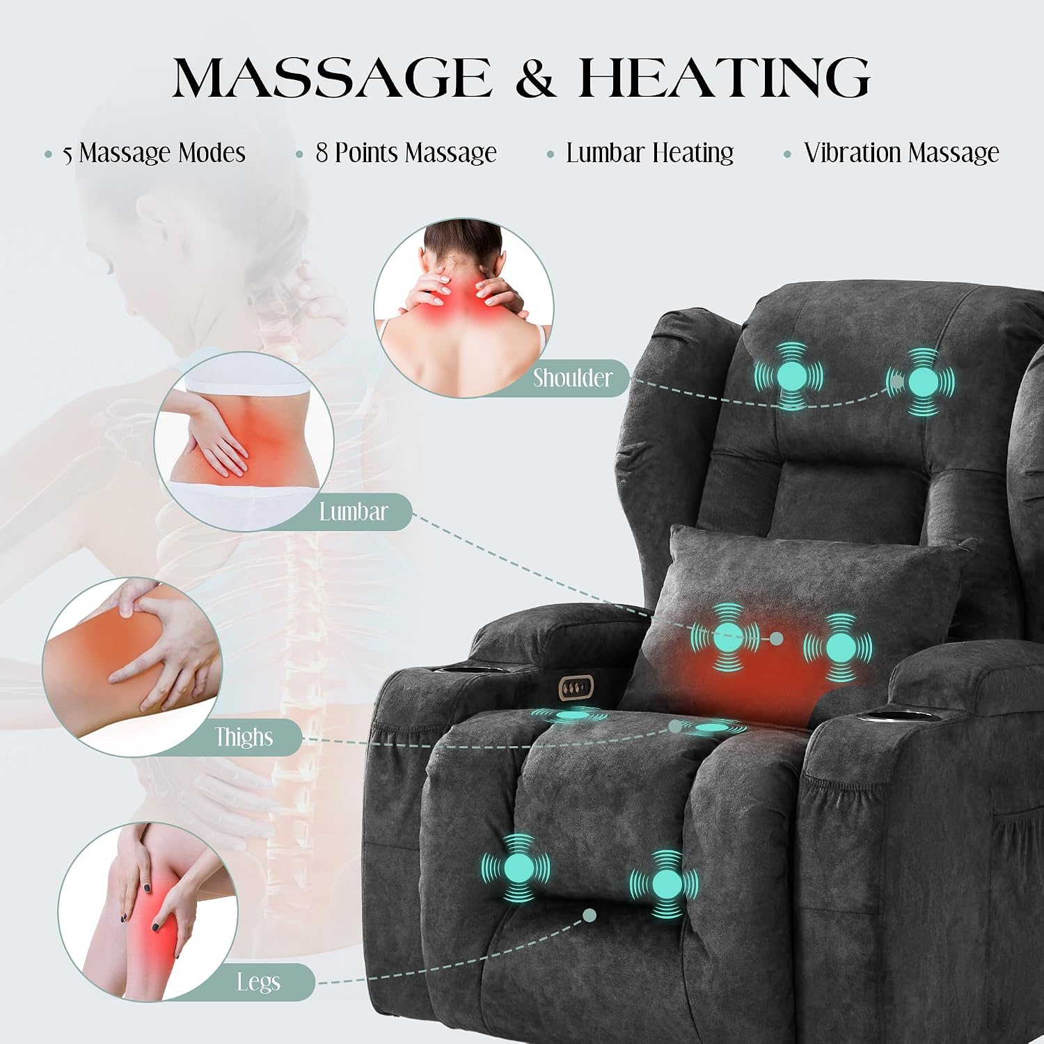 TUNYI Power Recliner Chair - Velvet Home Theater Seating Glider Reclining Sofa with Massage & Heat Swivel Rocker Recliner Chair for Living Room with LED Light/USB Port/Lumbar Pillow (VelGrey)