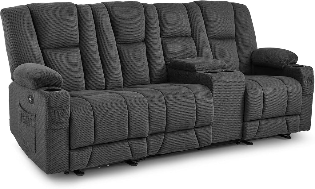 MCombo Zero Gravity 3 Seater Power Reclining Sofa with Console, Heat and Vibration Massage, Recliner Couch for Living Room, Fabric 6035SET (Grey, 3 Seater with Console)