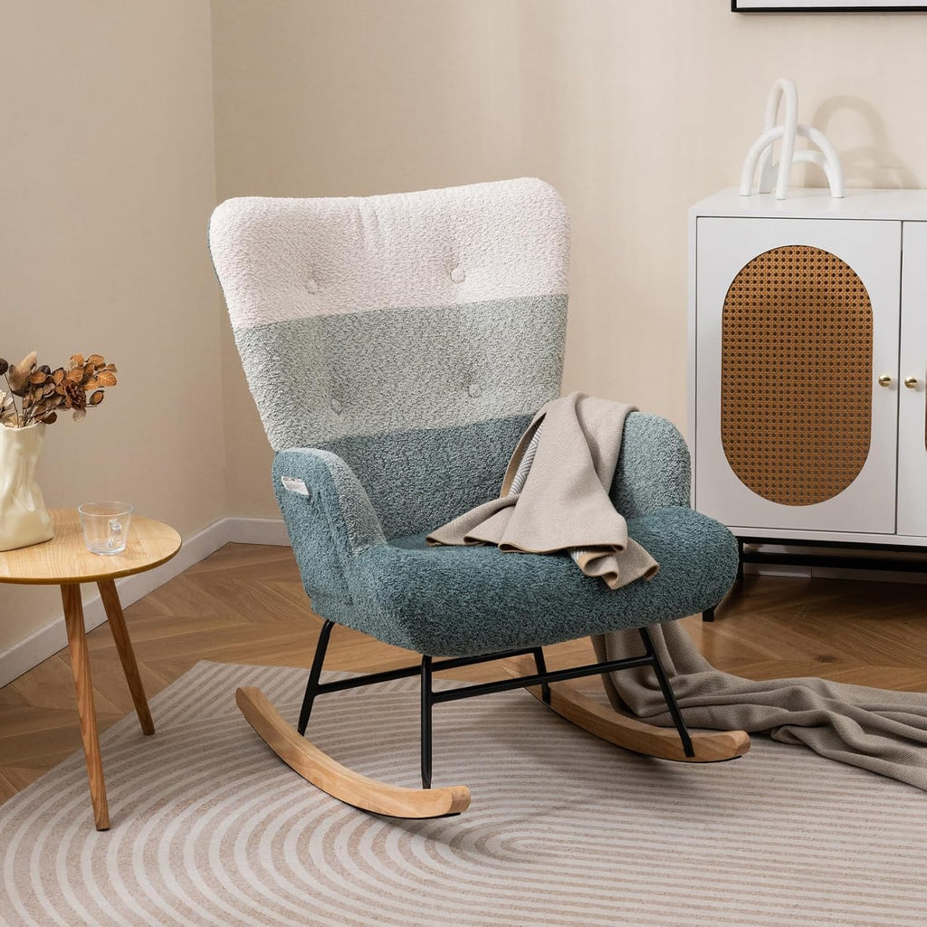 Giantex Rocking Chair Nursery, Boucle Upholstered Glider Rocker w/Ergonomic High Backrest, Rubber Wood Legs & Side Pocket, Striped Modern Accent Chair for Bedroom, Living Room, Offices