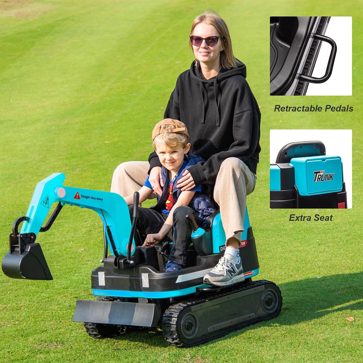 360 Degree Rotating Ride On Excavator and Bulldozer,JOYLDIAS 12V12AH Battery Powered Ride On Toy Backhoe W/Track Design Wheels for All Terrain,Remote Control,MP3,Toolbox for Kids,Parent,Blue