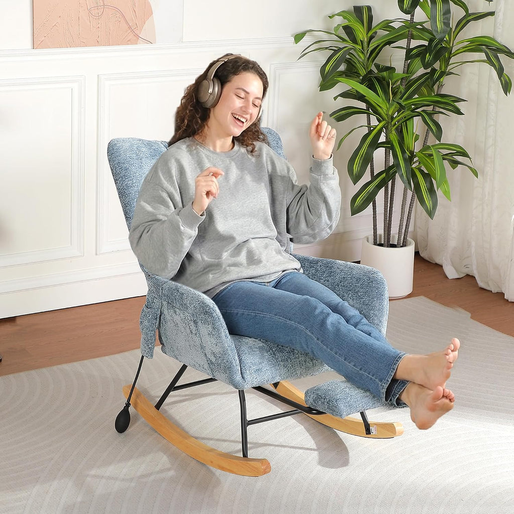 Rocking Chair Nursery with Airbag, Comfy Modern Nursery Rocking Reading Chair Indoor with Footrest, Cozy Upholstered Glider Rocker Chairs for Living Room Bedroom Offices, (Chenille, Blue)
