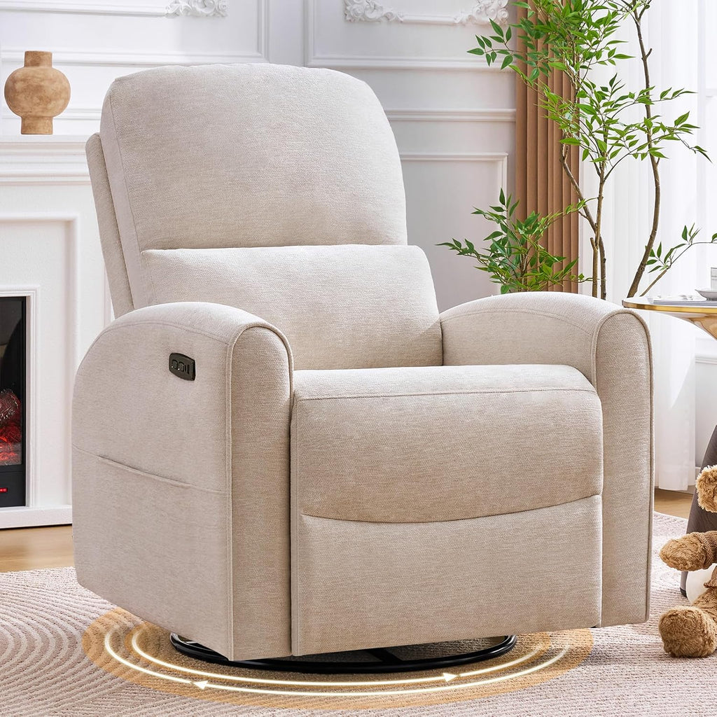 Power Swivel Rocker Recliner, Swivel Glider Nursery Recliner Chair with Lumbar Support, Upholstered Rocking Electric Recling Chairs for Adults Nursery, Living Room, Bedroom, Camel