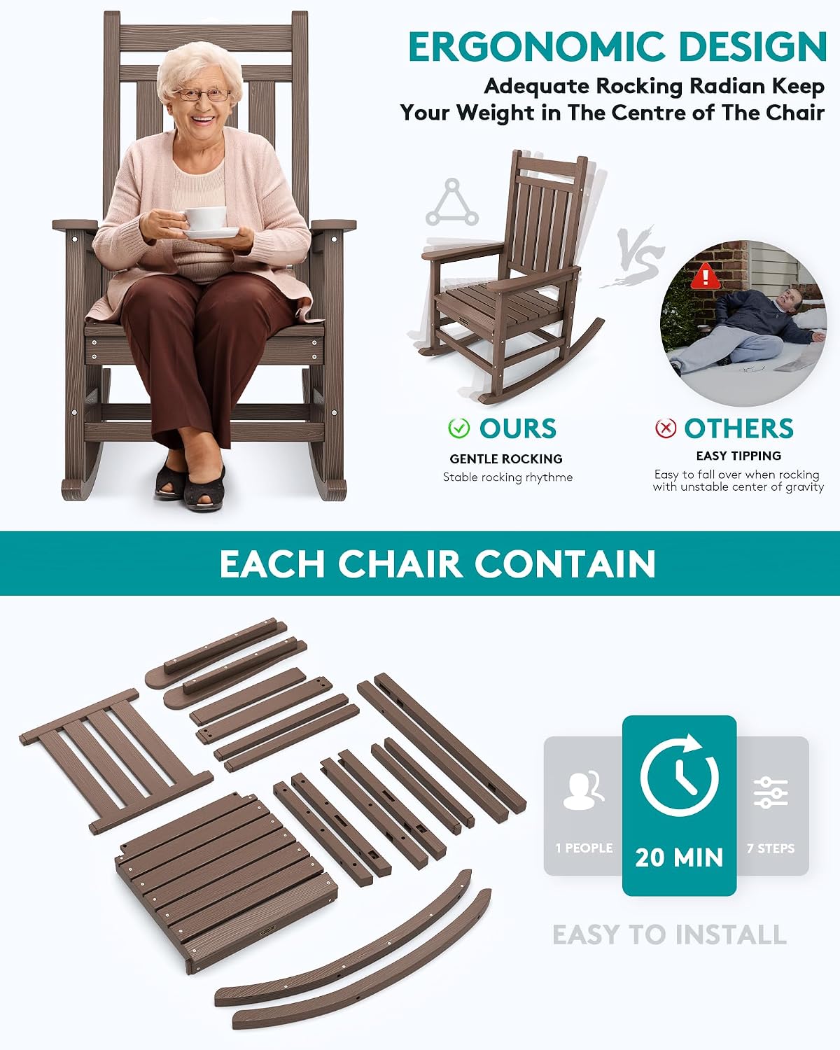 SERWALL Oversized Rocking Chair, Outdoor Rocking Chair for Adults, All Weather Resistant Porch Rocker for Lawn Garden, Brown