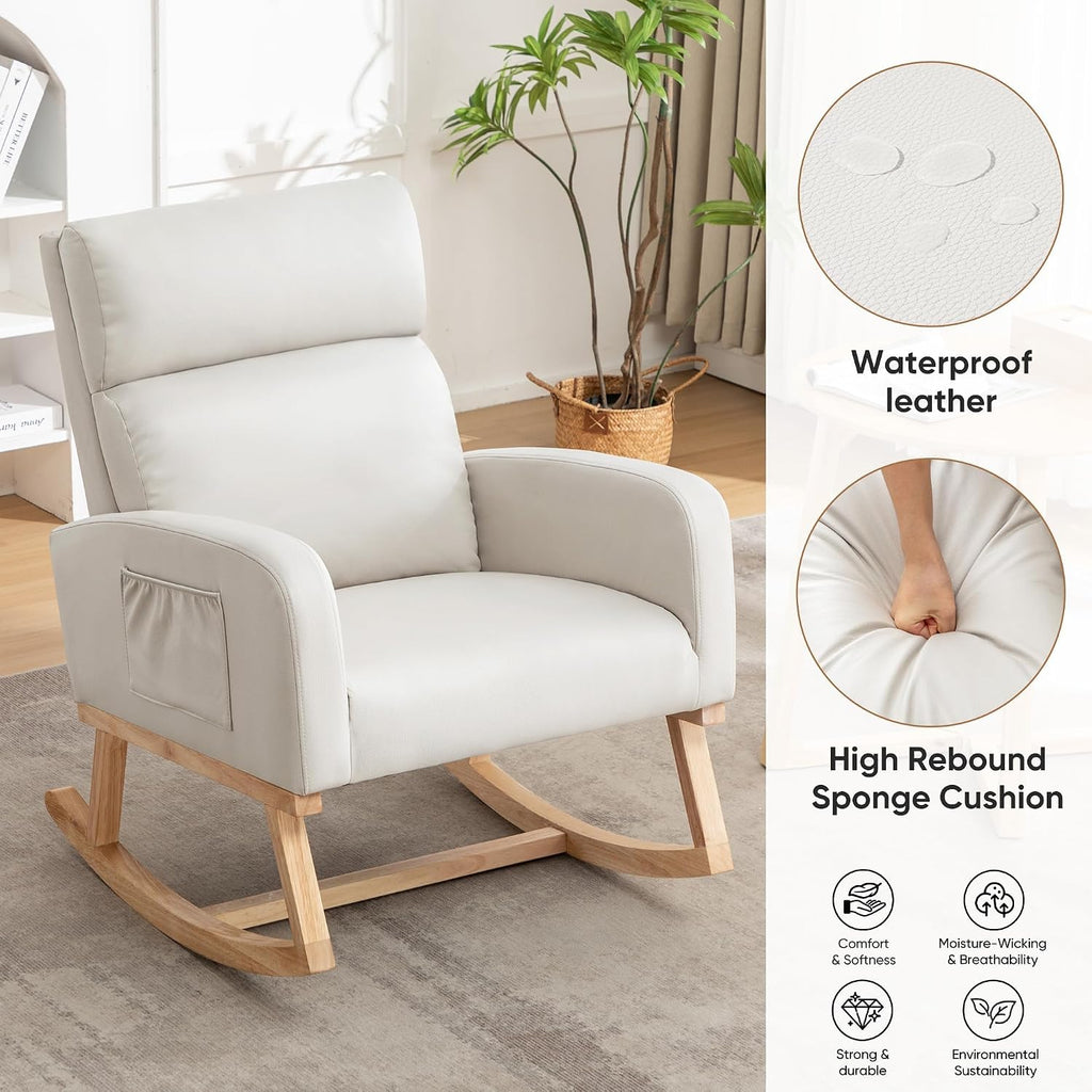HCHAIRH Rocking Chair Nursery, Modern Nursing Glider Rocking Chairs Comfy Rocker Armchair with Solid Wood Legs for Nursery Living Room, Bedroom (Pu Beige)