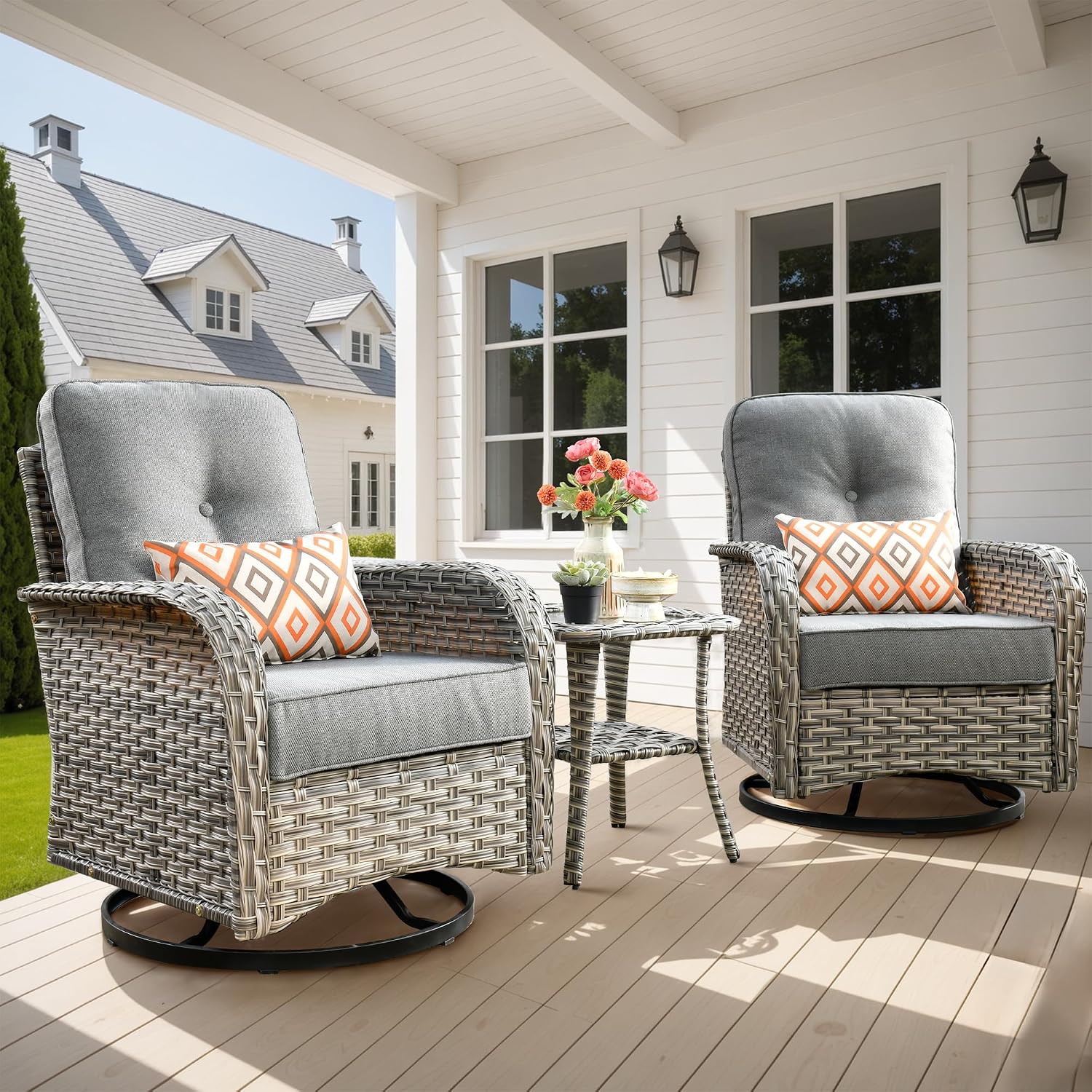 ovios Outdoor Swivel Rocking Chair Set of 3 with Coffee Table, Patio Wicker Rocker with Comfortable Thicken Deep Seating, Comfy Rattan Glider Chairs for Porch Deck Balcony Garden Backyard, Dark Grey