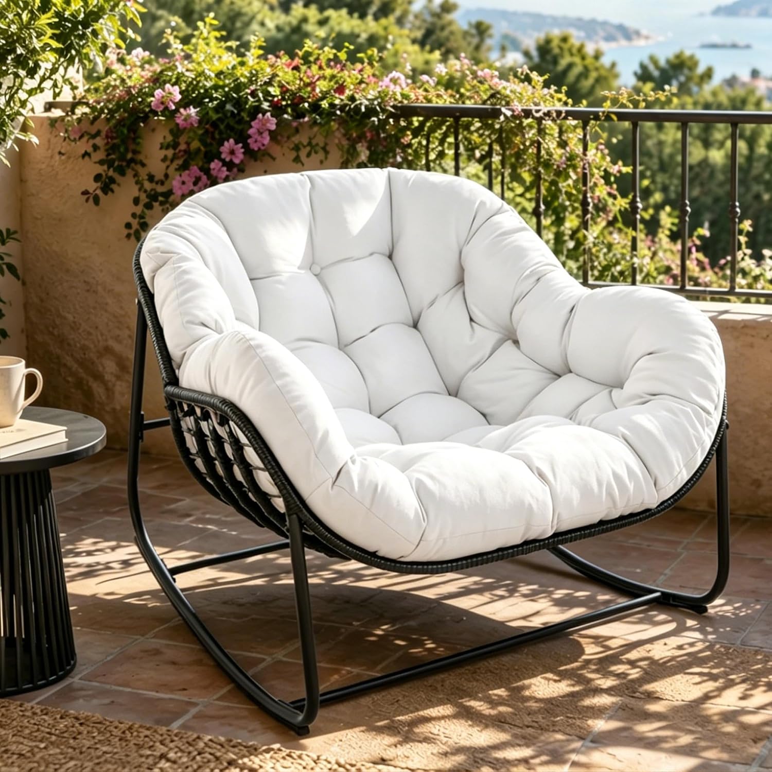 Papasan Rocking Chair Indoor & Outdoor, Oversized Egg-Shaped Papasan Rocker with Cushion & Pillow, All-Weather Wicker Patio Lounge Chair for Garden, Porch, Living Room (White)
