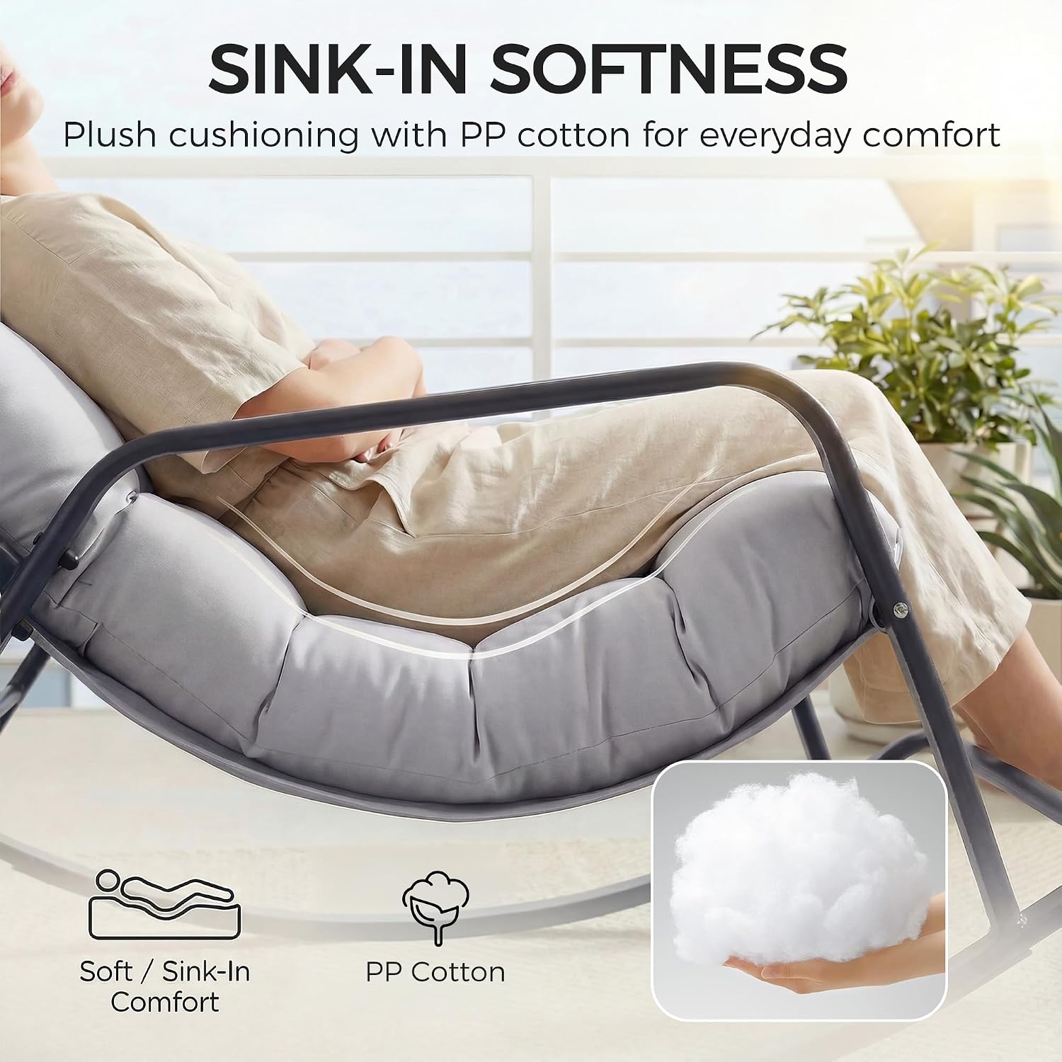 NICESOUL Set of 2 Outdoor Papasan Rocking Chair with Footrest, Oversized Patio Rocker with Cushion, Heavy Duty Steel Frame, Large Comfortable Rocking Lounge Chair for Backyard Balcony, Grey