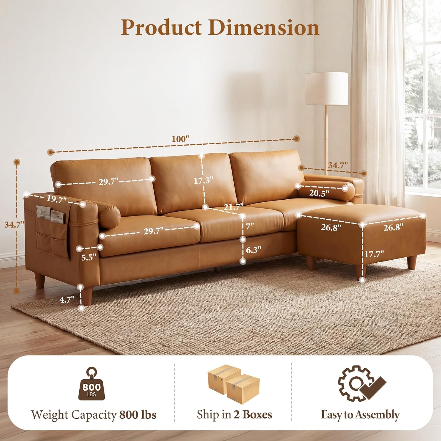Vesgantti 100' Faux Leather Couch with Movable Ottoman, 3 Seater L Shaped PU Leather Sofa with Side Pocket, Comfy Mid Century Modern Modular Sectional Couch for Living Room, Apartment, Camel