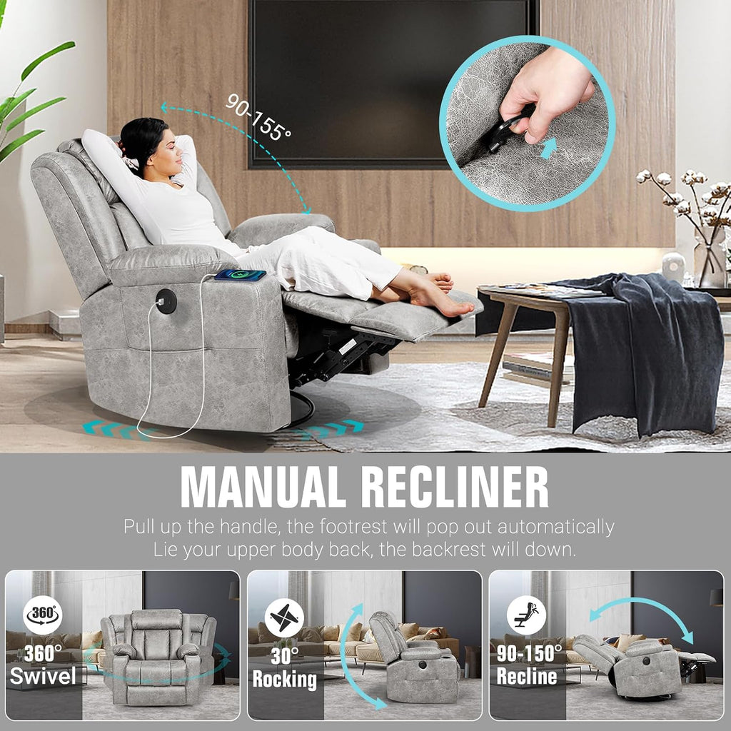 LEVELEVE Retro Rocking Recliner Chair, Massage Rocker Recliner Chair with Vibration Massage and Heat, USB and Type-C Ports,360° Swivel Chairs, Living Room, Bedroom, Nursery, RV, Light Grey