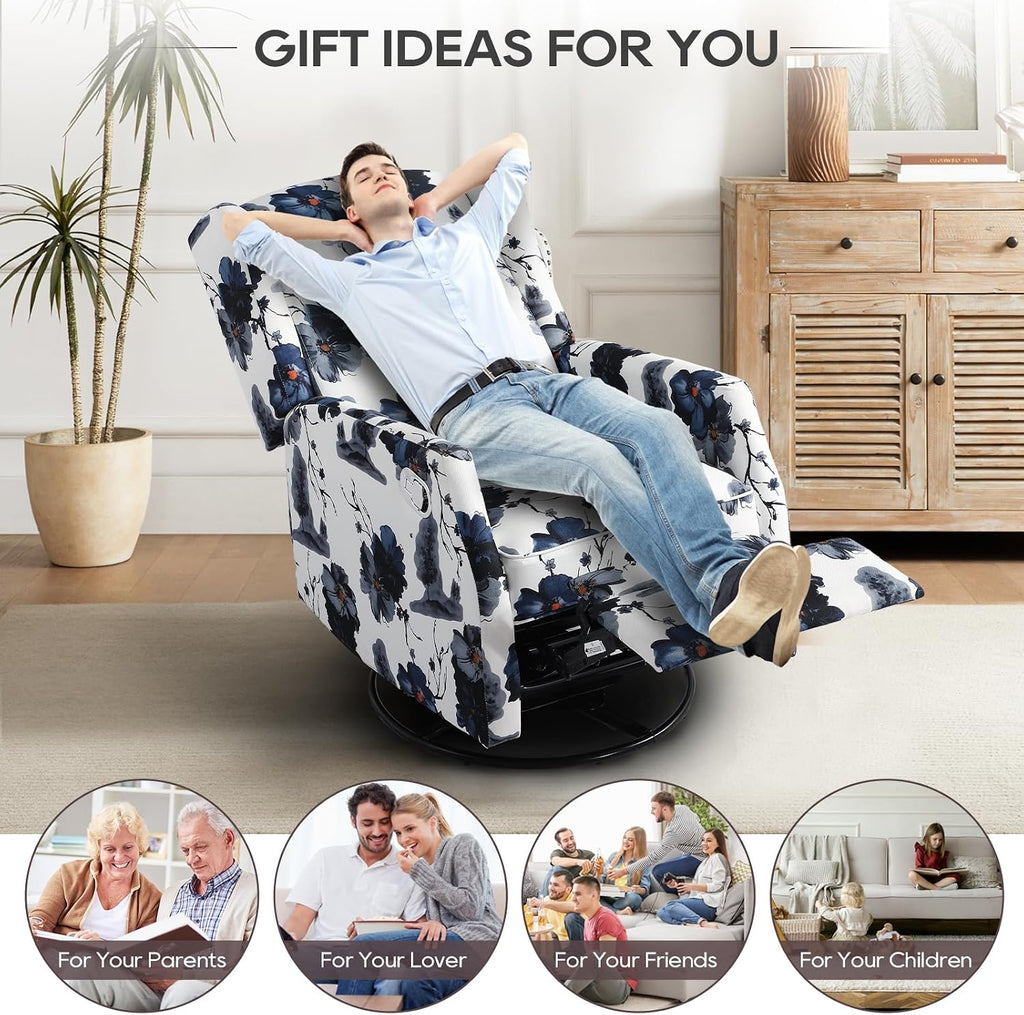 Floral Accent Swivel Rocker Recliner, Wingback Recliner Chair with Padded Seat, High Back Upholstered Armchair for Living Room, Bedroom, Home Ofiice, Blue Ink Floral (Blue Ink Swivel)