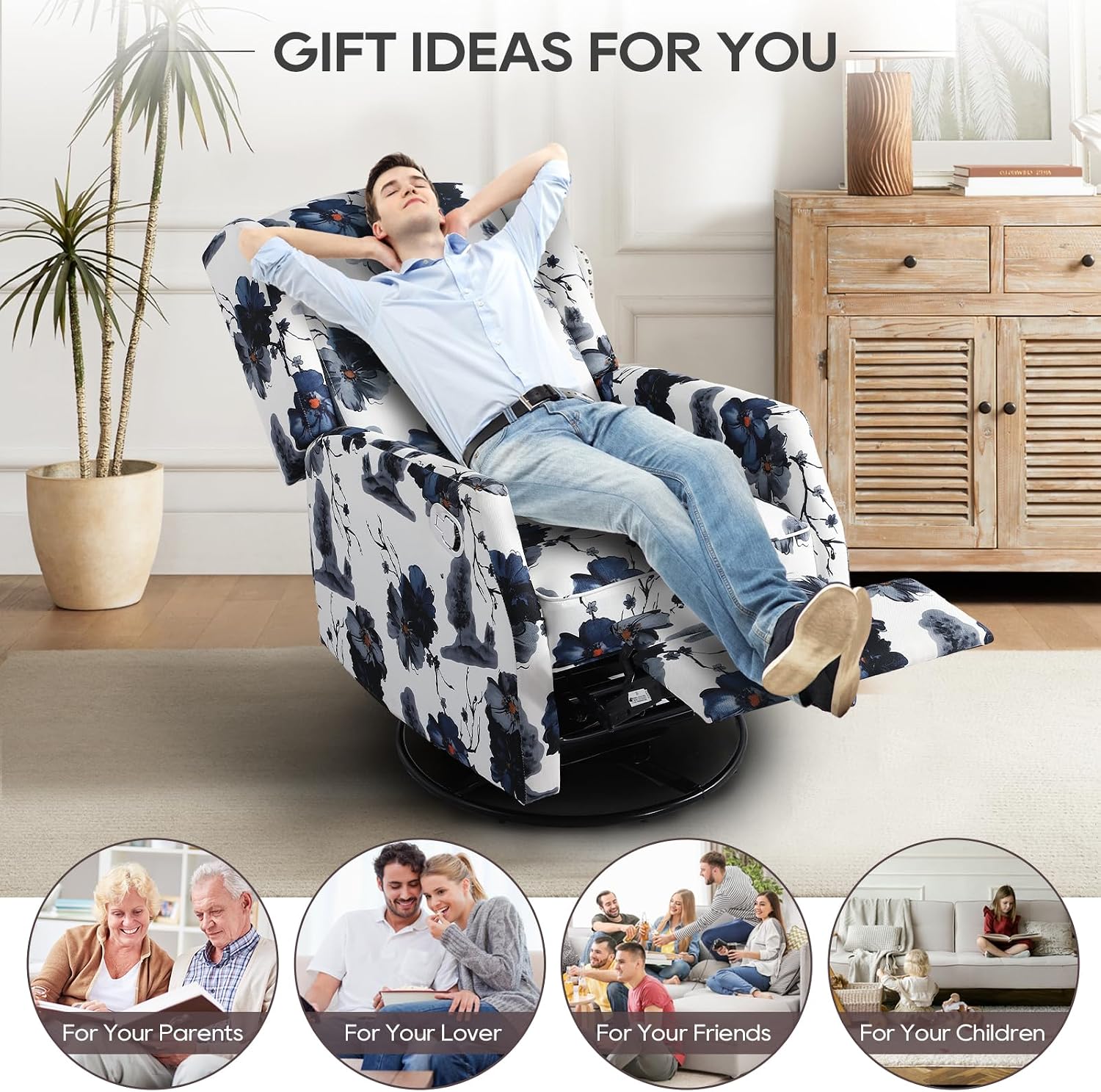 Floral Accent Swivel Rocker Recliner, Wingback Recliner Chair with Padded Seat, High Back Upholstered Armchair for Living Room, Bedroom, Home Ofiice, Blue Ink Floral (Blue Ink Swivel)