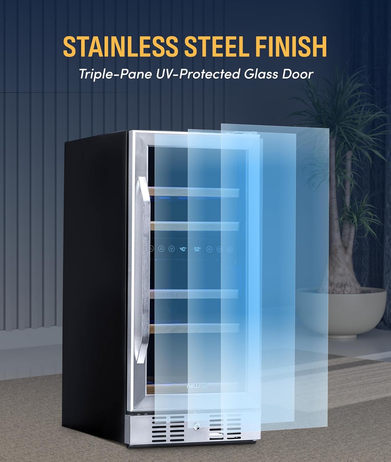 NewAir 15' Dual Zone Wine Fridge for 29 Bottles | Built-In or Freestanding Wine Cooler Refrigerator with Glass Door | Precision Cooling & Wood Shelves for Red and White Wines | Stainless Steel