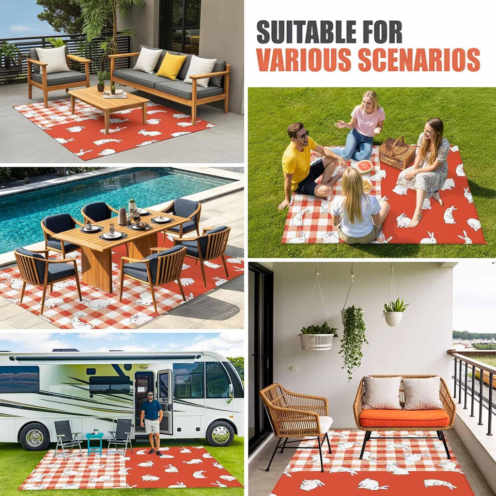 Japanese Rabbits Outdoor Rug for Patio/Deck/Porch, Non-Slip Large Area Rug 4 x 6 Ft, Vintage Orange Red Plaid Farmhouse Indoor Outdoor Rugs Washable Area Rugs, Reversible Camping Rug Carpet Runner