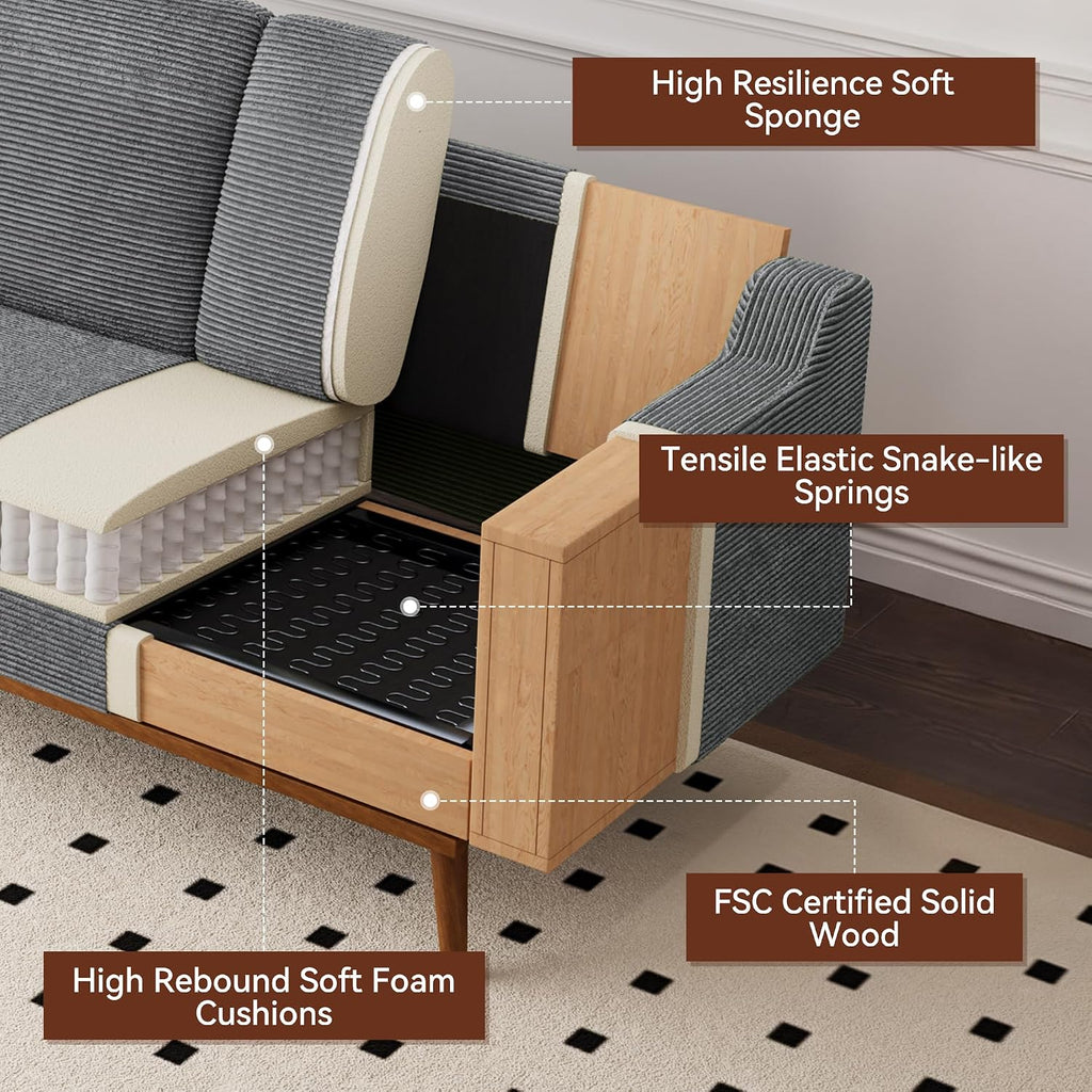 Vipbear 65.4' Loveseat Sofa Grey Corduroy Couch, Mid-Century Modern Small Couches for Living Room, Bedroom, Office, Comfy Sofa with Spring Cushion, Solid Wood Frame, Tool-Free Assembly