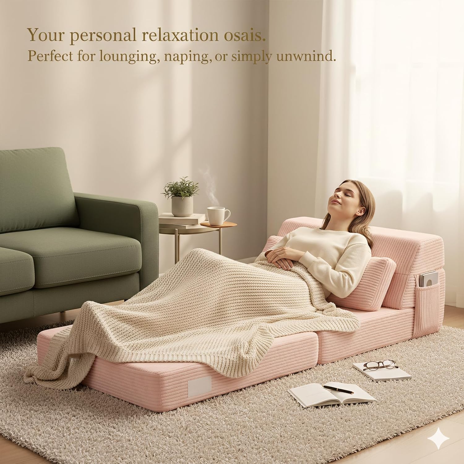Folding Sofa Bed with Pillow, Convertible Sleeper Chair, Comfy Floor Futon Couch Mattress Lounge Sofa for Adults Portable Fold Out Chair Bed for Living Room Bedroom, Single, Pink