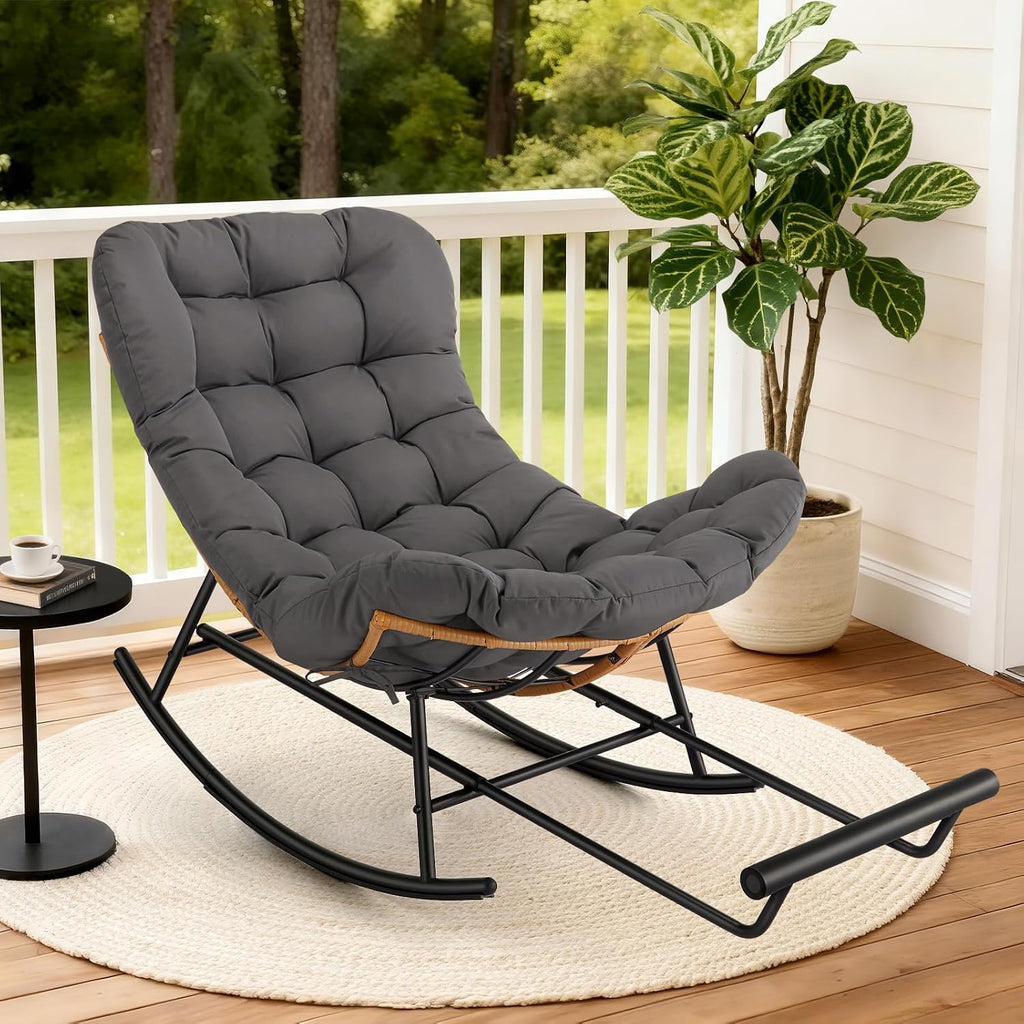 IDEALHOSUE Papasan Rocking Chair with Foot Rest, Ergonomic Papasan Chair with Thick Waterproof Cushion, Metal Frame & PE Rattan Lounge Chairs for Living Room Bedroom Relaxation Space