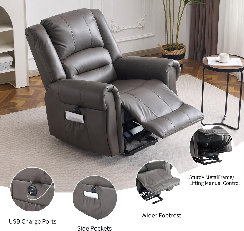 FLEXISPOT Power Lift Recliner Chair for Elderly with Massage & Heat, Faux Leather Electric Reclining Chair for Seniors with USB Ports, Cup Holders & Side Pockets(Medium Size,Charcoal Gray