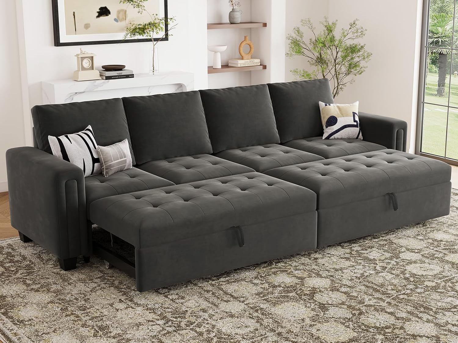 Belffin Modular Sectional Sleeper Sofa with Pull Out Bed Convertible Velvet Sleeper Sofa with Storage Sectional Couches for Living Room Grey