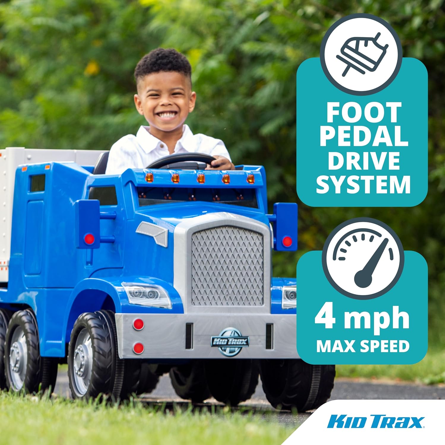 Kid Trax 12V Semi-Truck and Trailer, Battery Powered Ride-On Toy Truck, Ages 3-5, Max Weight 77 lbs, One Rider, Working Lights, Horn, Sounds, Electric Cars for Kids Ages 3-5, Kids Ride On Toys, Blue