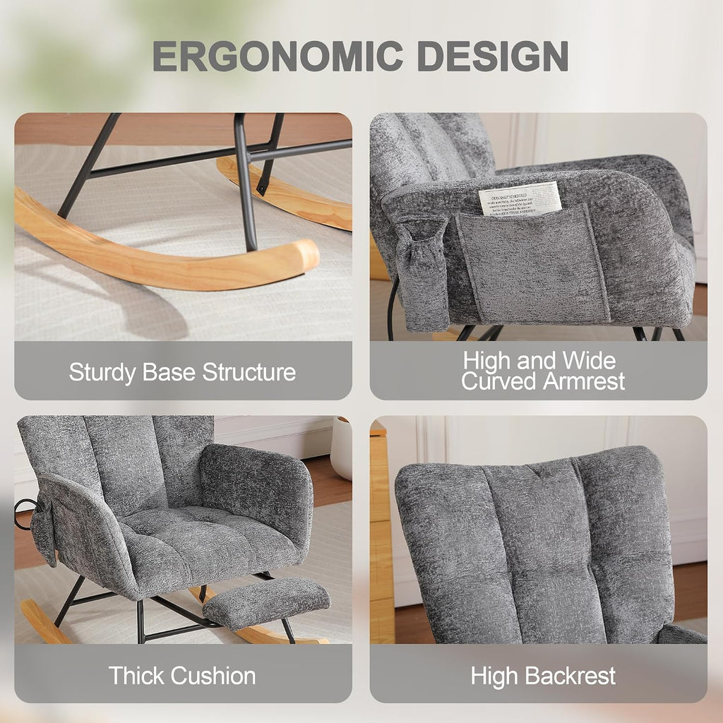 Rocking Chair Nursery with Airbag, Comfy Modern Nursery Rocking Reading Chair indoor with Footrest, Cozy Upholstered Glider Rocker Chairs for Living Room Bedroom Offices(Chenille, Dark Grey)