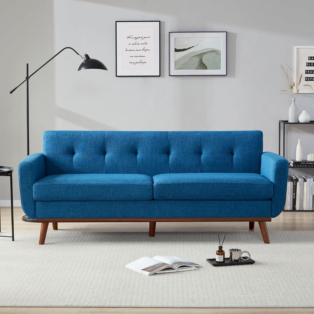 Kingfun 77.2' W Loveseat Sofa, Mid Century Modern Decor Love Seat Couches for Living Room, Button Tufted Upholstered Furniture, Solid & Easy to Install Small Couch for Bedroom Office Apartment, Blue