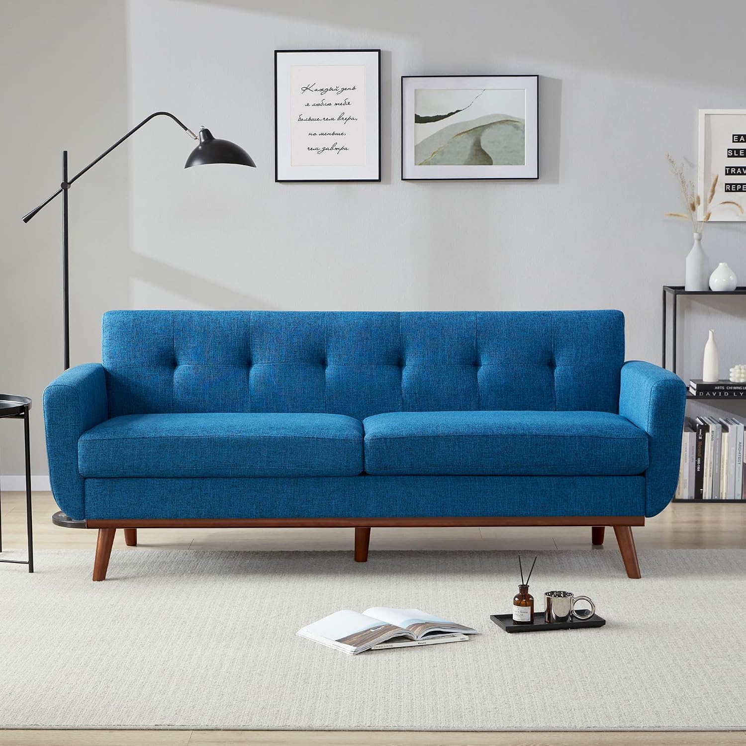 Kingfun 77.2' W Loveseat Sofa, Mid Century Modern Decor Love Seat Couches for Living Room, Button Tufted Upholstered Furniture, Solid & Easy to Install Small Couch for Bedroom Office Apartment, Blue