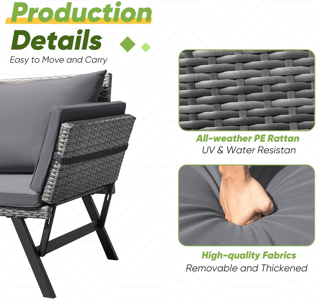 Greesum Outdoor Sofa, Woven Rattan Patio Furniture, Convertible Daybed or Double Chair with Adjustable Armrests, Cushions and Pillows for Yard, Porch, Pool, Gray Lounger & Blue Pillowcase