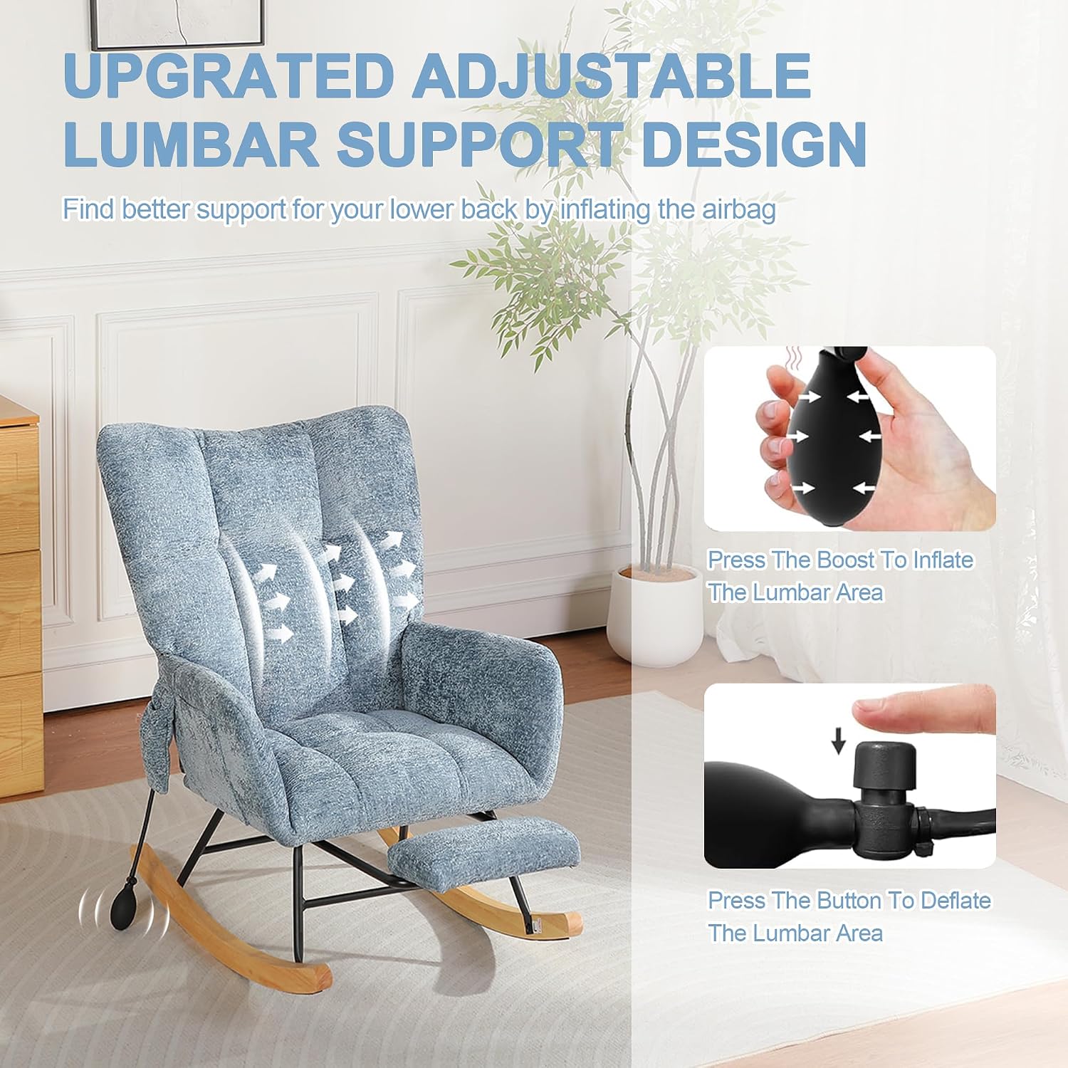 Rocking Chair Nursery with Airbag, Comfy Modern Nursery Rocking Reading Chair Indoor with Footrest, Cozy Upholstered Glider Rocker Chairs for Living Room Bedroom Offices, (Chenille, Blue)