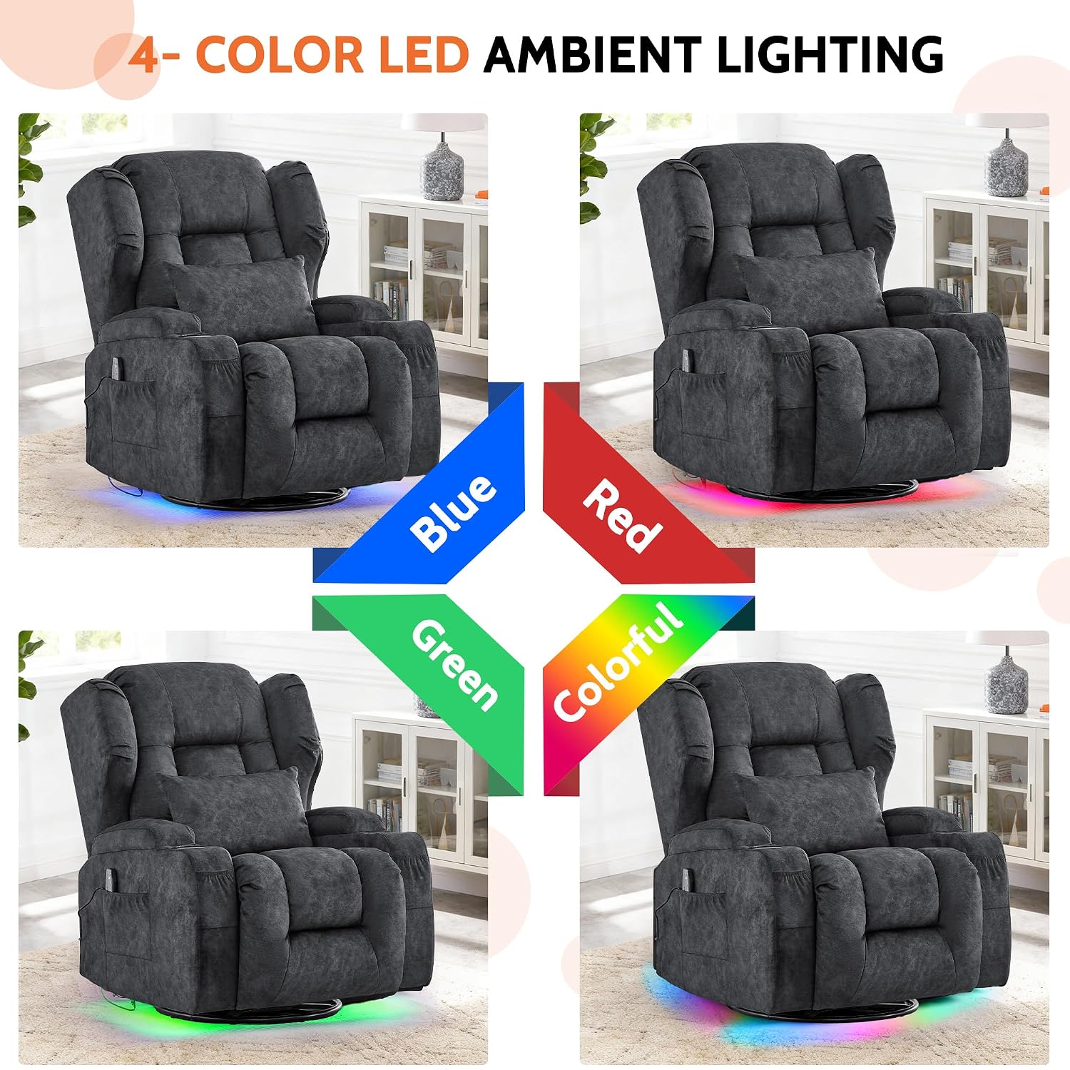 BINGTOO Dual Motor Power Swivel Rocker Recliner Chair with Massage & Heat, Electric Wall Hugger Glider Chair for Adults, Nursery with LED Lights, USB-C Ports & Cup Holders, Velvet Gray, 2 Chair