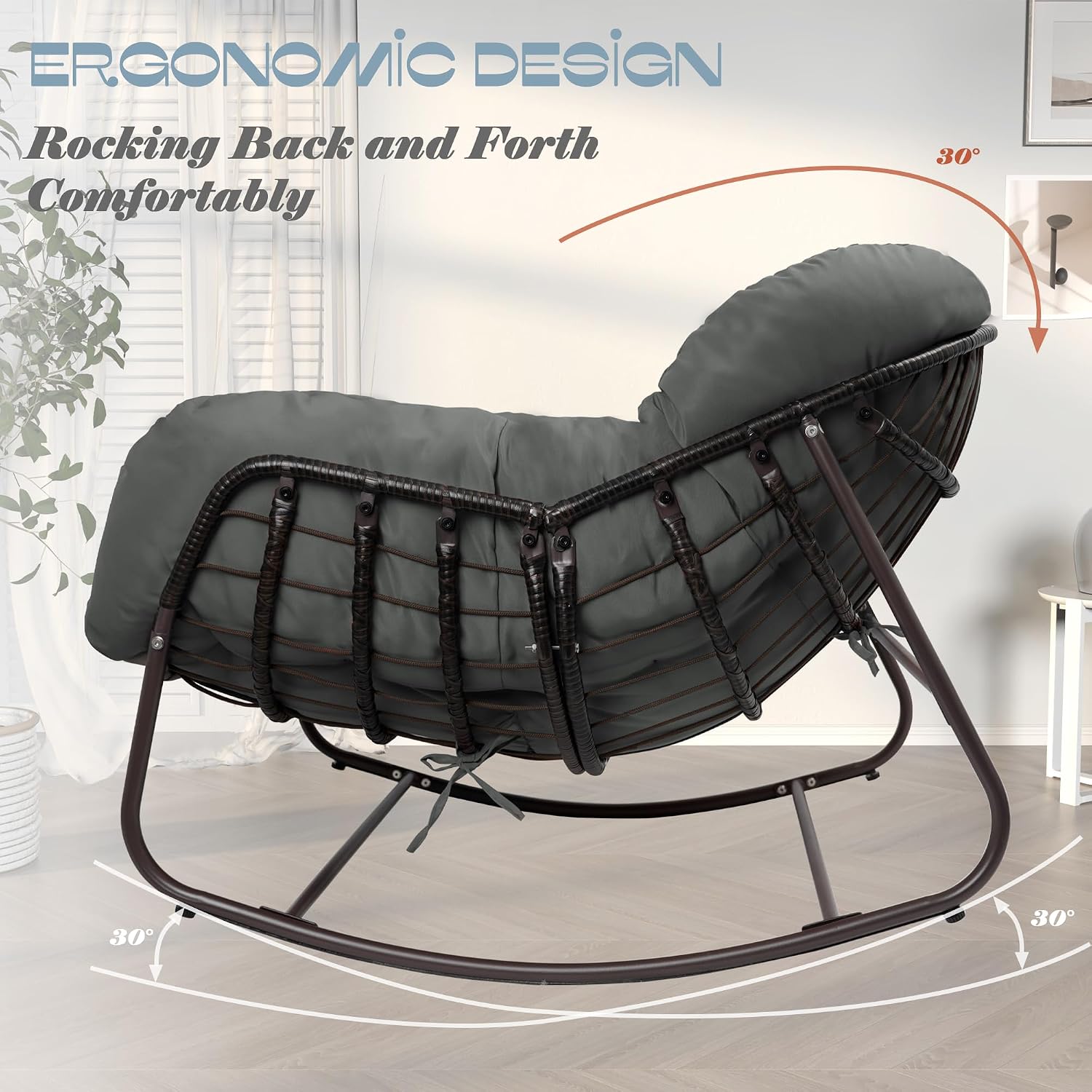 Papasan Rocking Chair Indoor & Outdoor, Oversized Patio Rocking Chairs with Padded Cushion& Pillow-Comfortable Rocker Egg Chair for Front Porch, Garden, Patio, Backyard,Grey,1PC